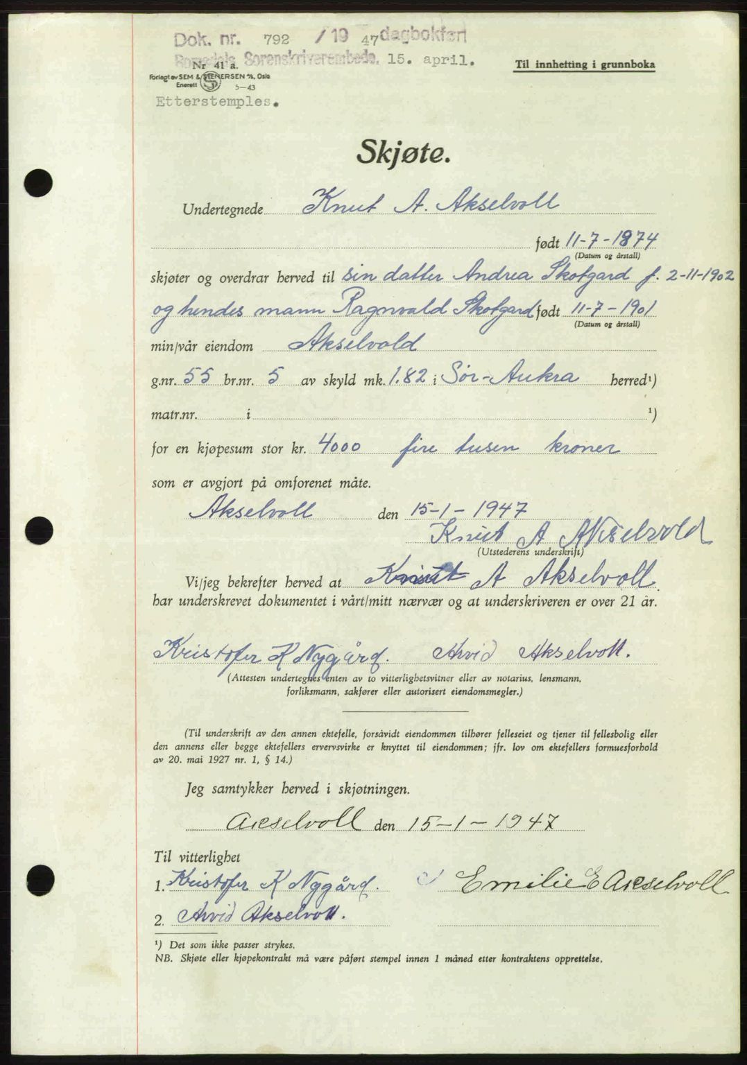 Romsdal sorenskriveri, AV/SAT-A-4149/1/2/2C: Pantebok nr. A22, 1947-1947, Dagboknr: 792/1947