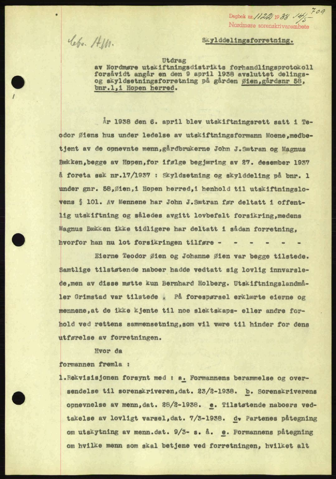 Nordmøre sorenskriveri, SAT/A-4132/1/2/2Ca: Pantebok nr. A83, 1938-1938, Dagboknr: 1122/1938