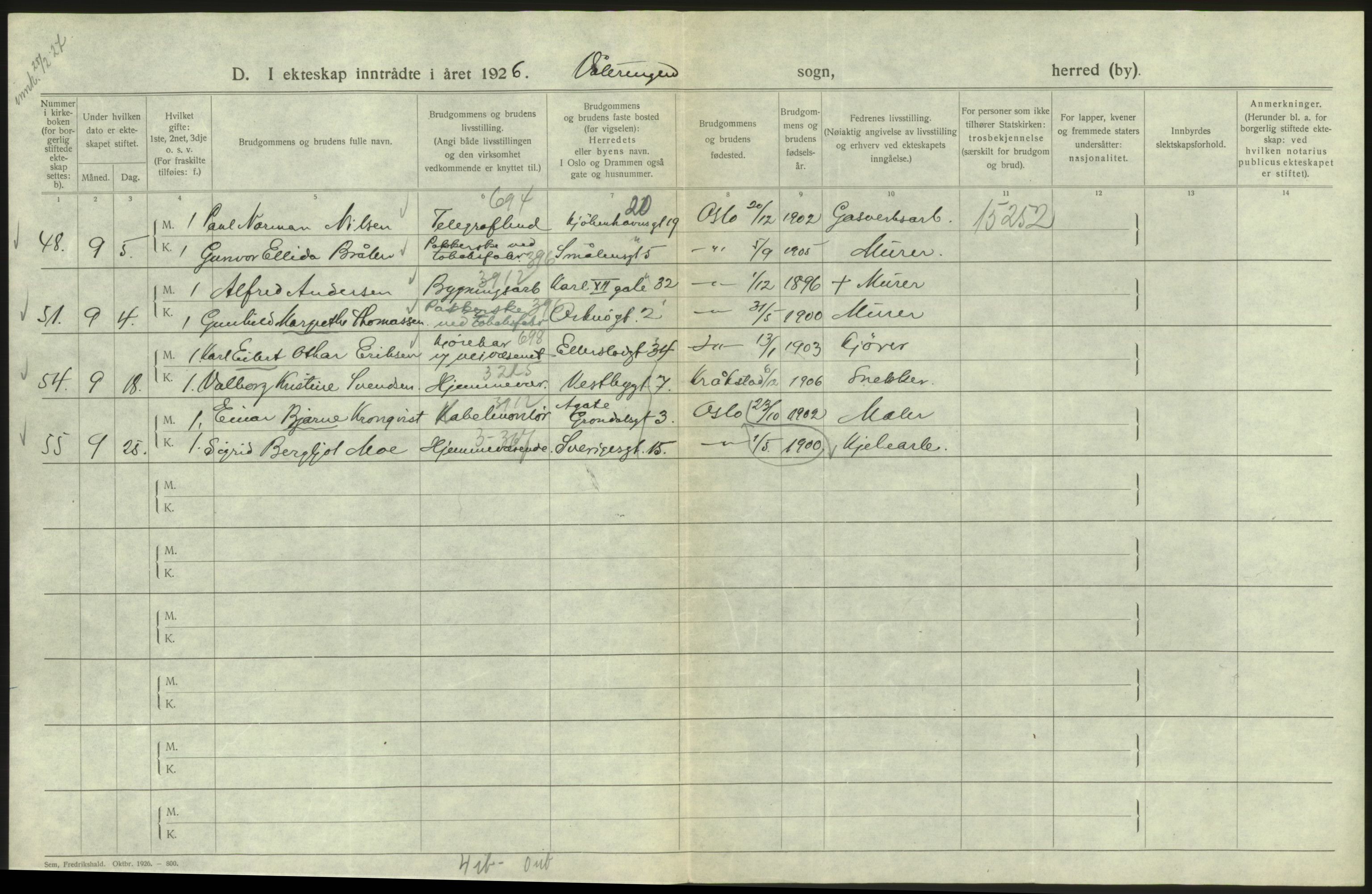 Statistisk sentralbyrå, Sosiodemografiske emner, Befolkning, AV/RA-S-2228/D/Df/Dfc/Dfcf/L0008: Oslo: Gifte, 1926, s. 602