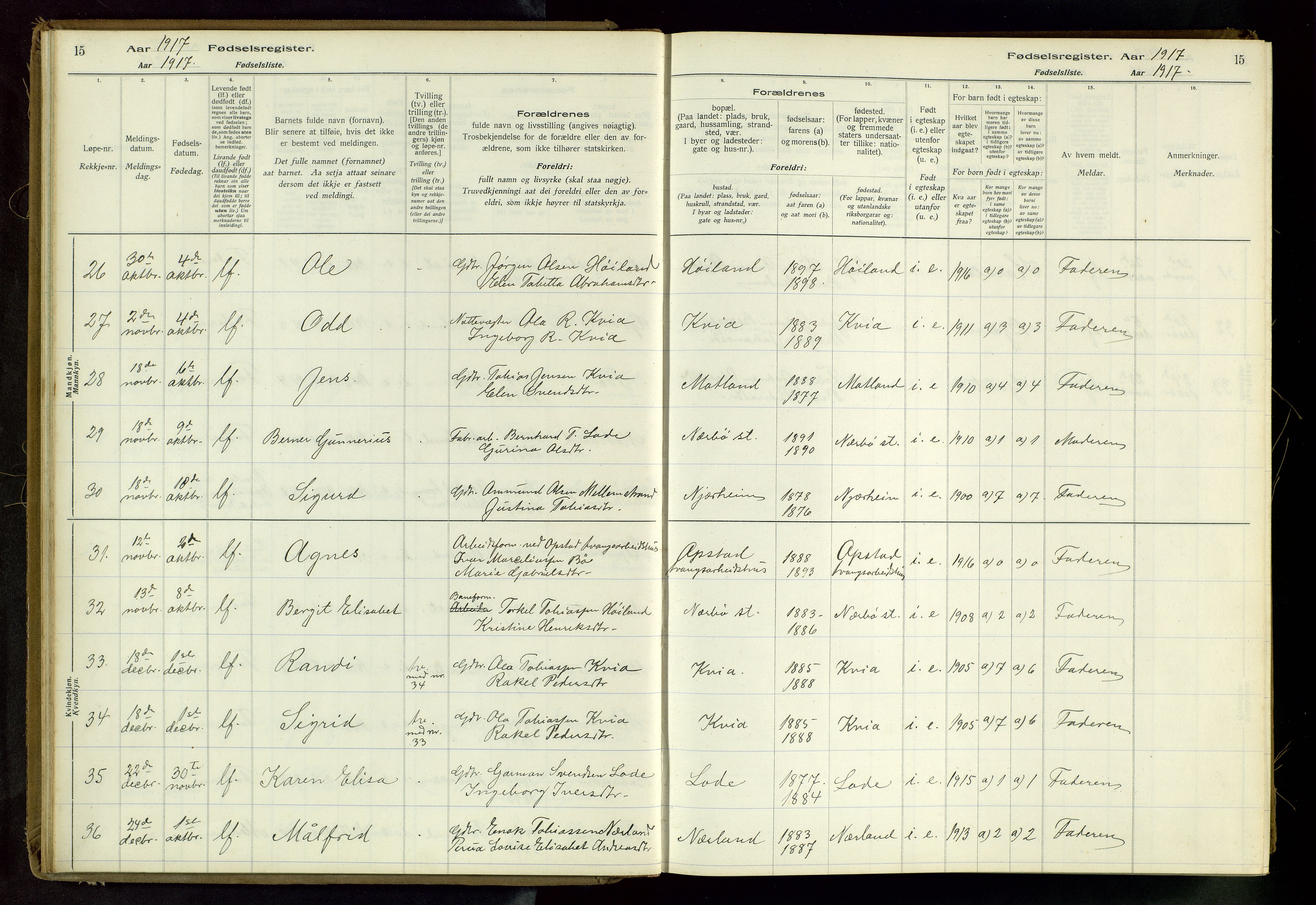 Hå sokneprestkontor, AV/SAST-A-101801/002/C/L0001: Fødselsregister nr. 1, 1916-1945, s. 15