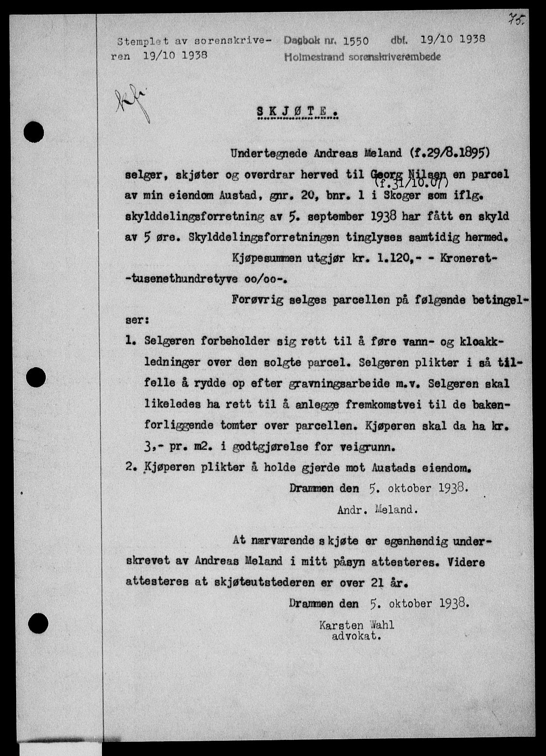 Holmestrand sorenskriveri, SAKO/A-67/G/Ga/Gaa/L0050: Pantebok nr. A-50, 1938-1939, Dagboknr: 1550/1938