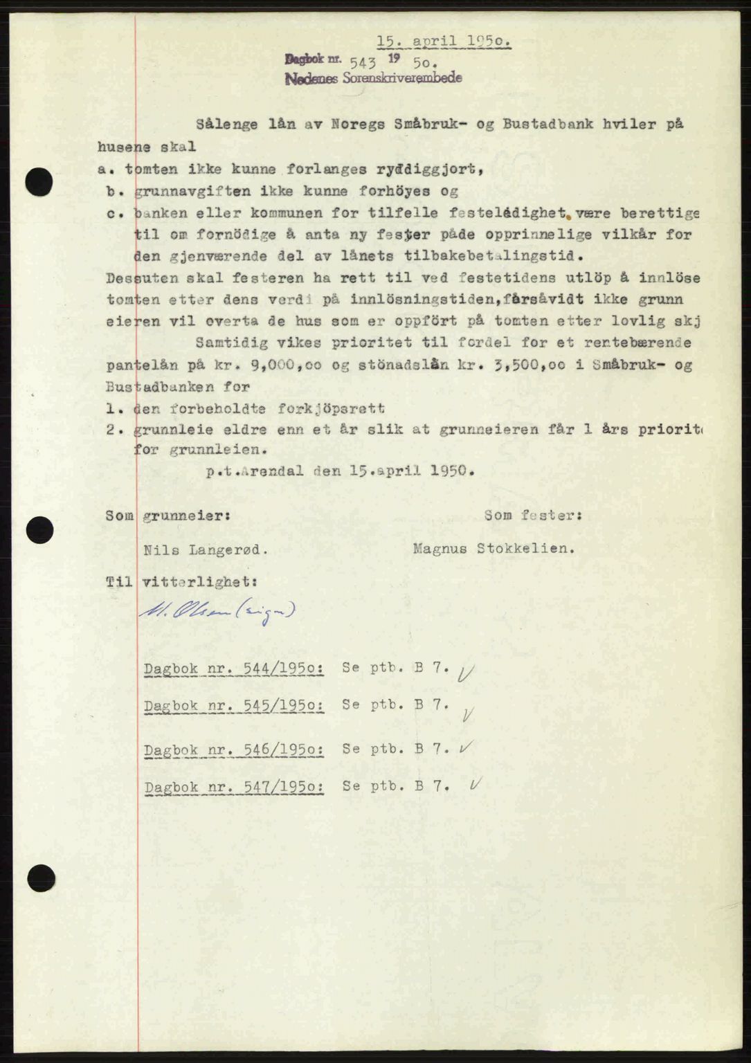 Nedenes sorenskriveri, SAK/1221-0006/G/Gb/Gba/L0062: Pantebok nr. A14, 1949-1950, Dagboknr: 543/1950