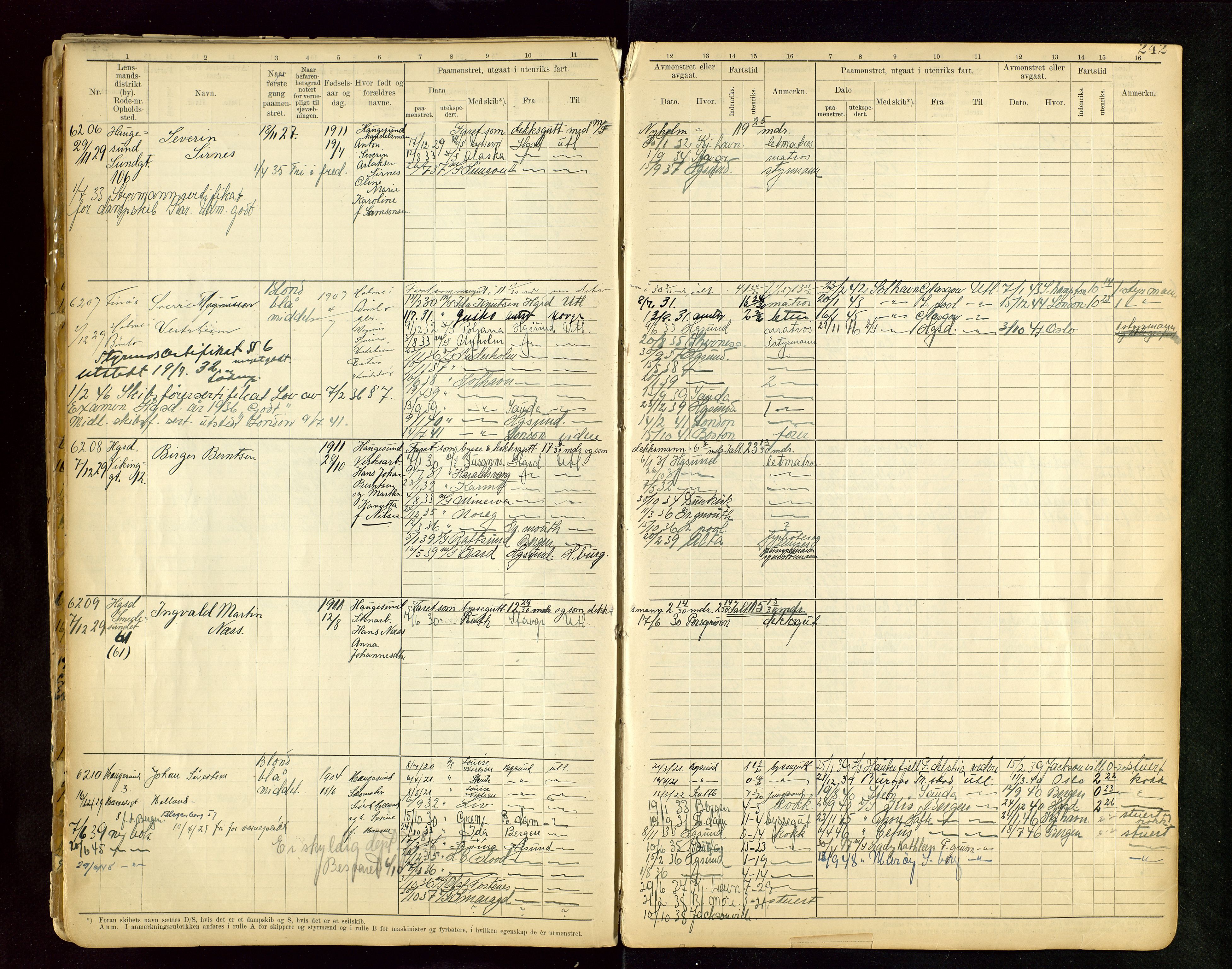 Haugesund sjømannskontor, SAST/A-102007/F/Fb/Fbb/L0015: Sjøfartsrulle A Haugesund krets I nr 5001-8970, 1912-1948, s. 242