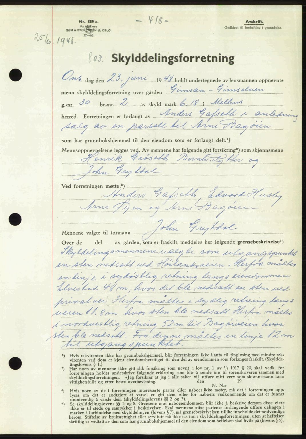 Gauldal sorenskriveri, SAT/A-0014/1/2/2C: Pantebok nr. A6, 1948-1948, Dagboknr: 803/1948