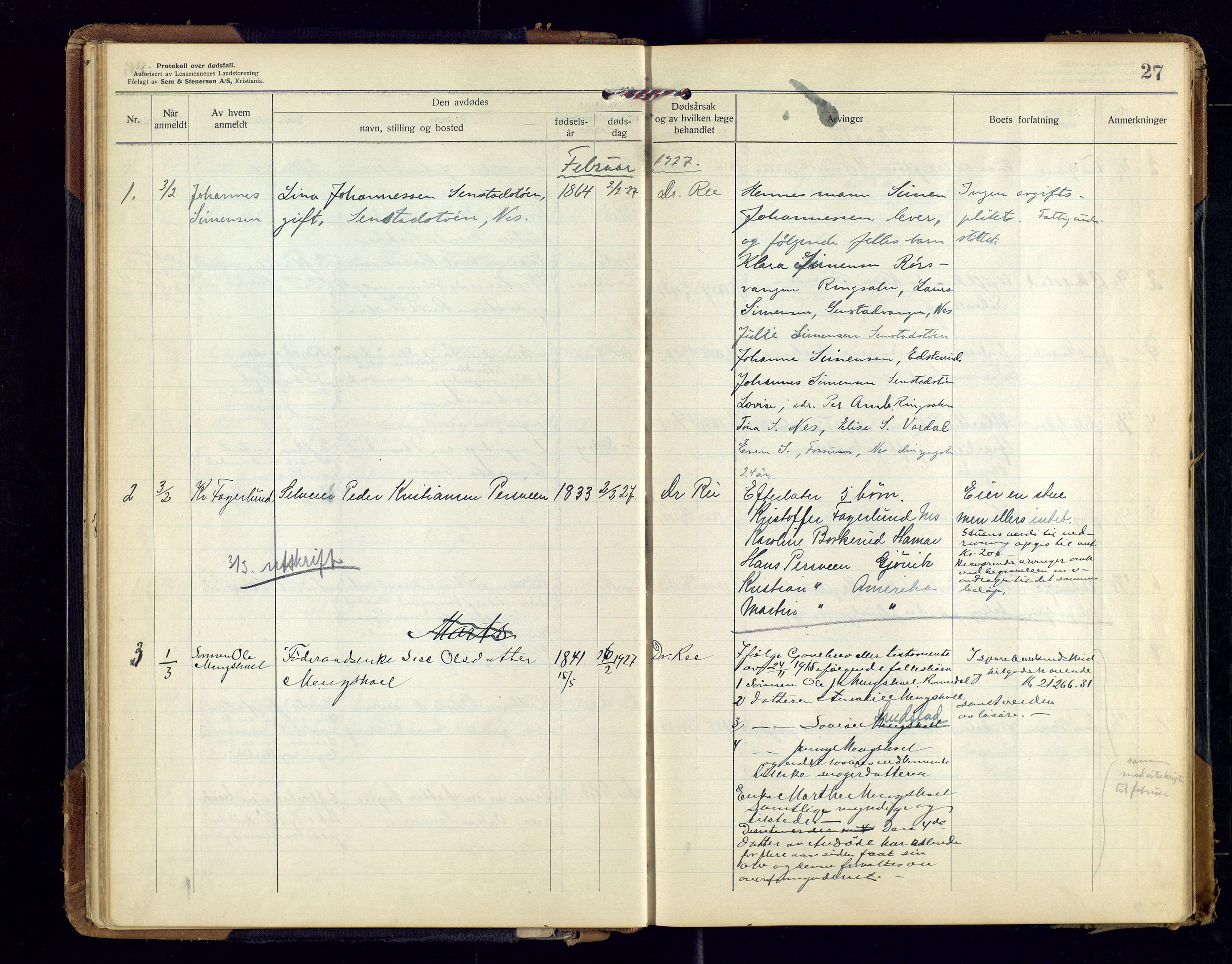 Nes, Hedmark, lensmannskontor, AV/SAH-LHB-008/H/Ha/L0001: Dødsfallsprotokoll, 1923-1948, s. 27