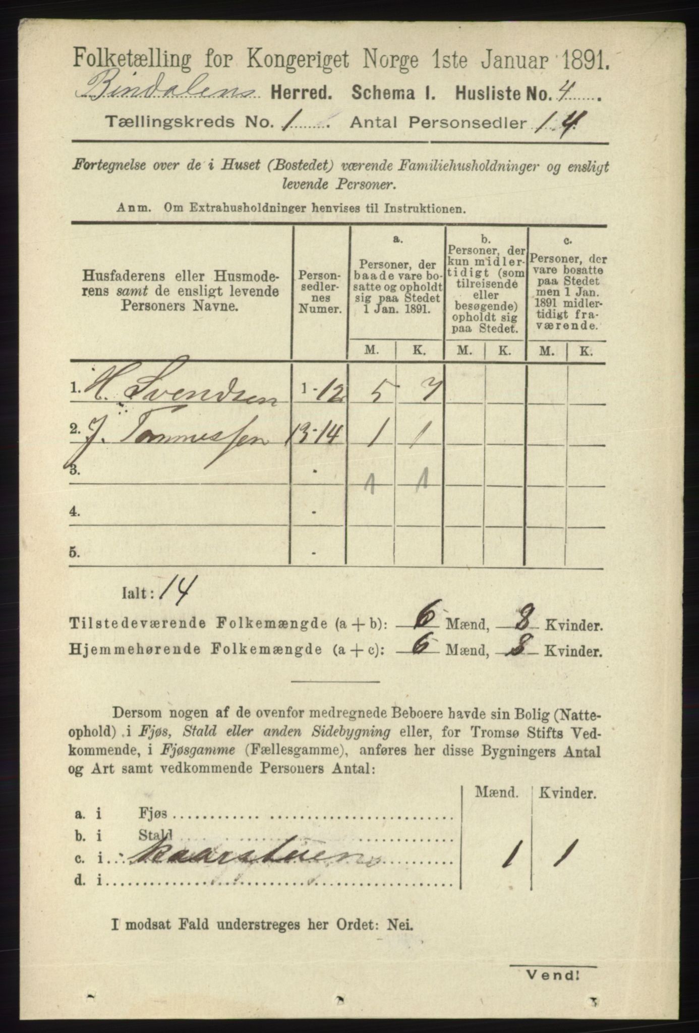 RA, Folketelling 1891 for 1811 Bindal herred, 1891, s. 30