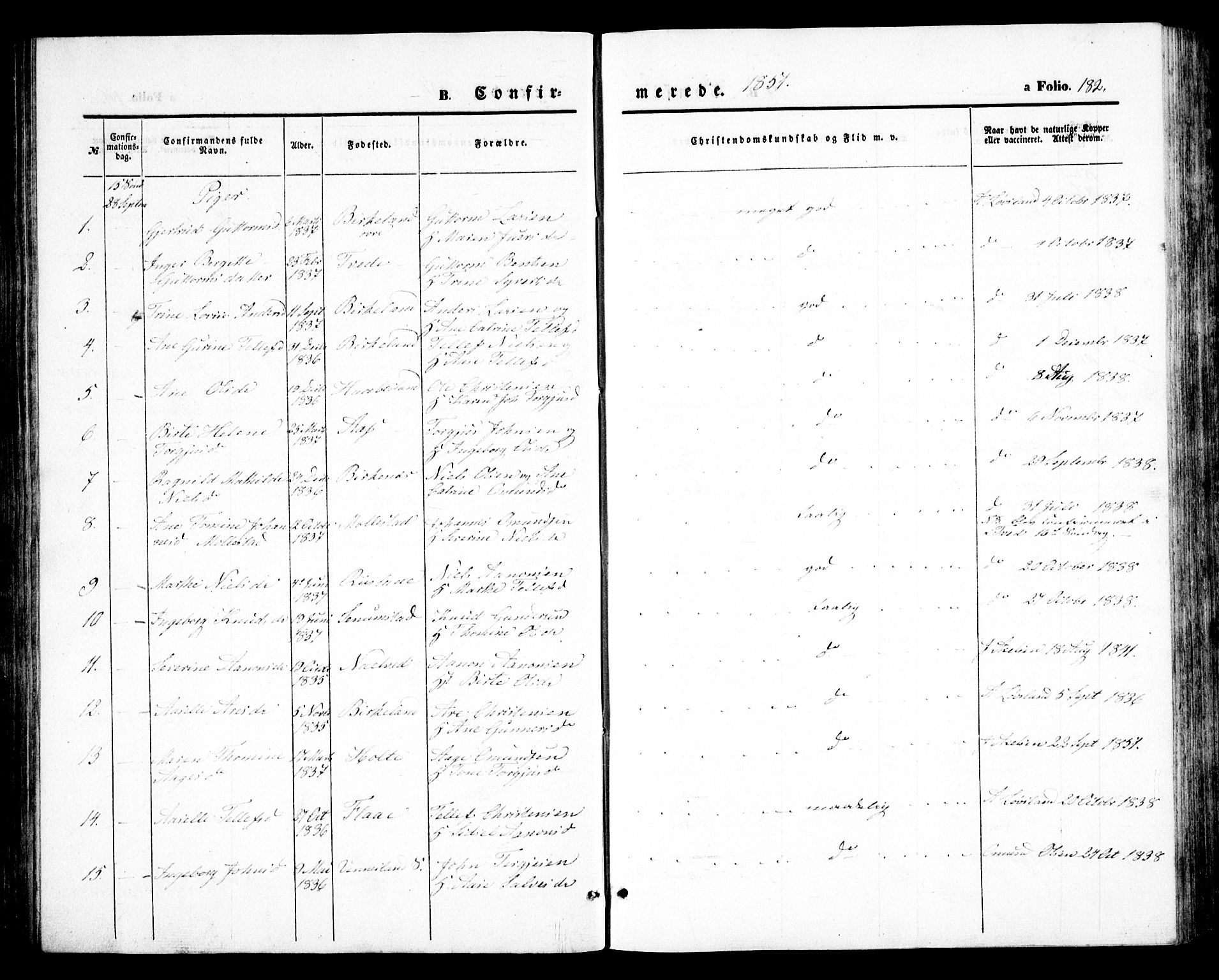 Birkenes sokneprestkontor, SAK/1111-0004/F/Fb/L0002: Klokkerbok nr. B 2, 1849-1876, s. 182