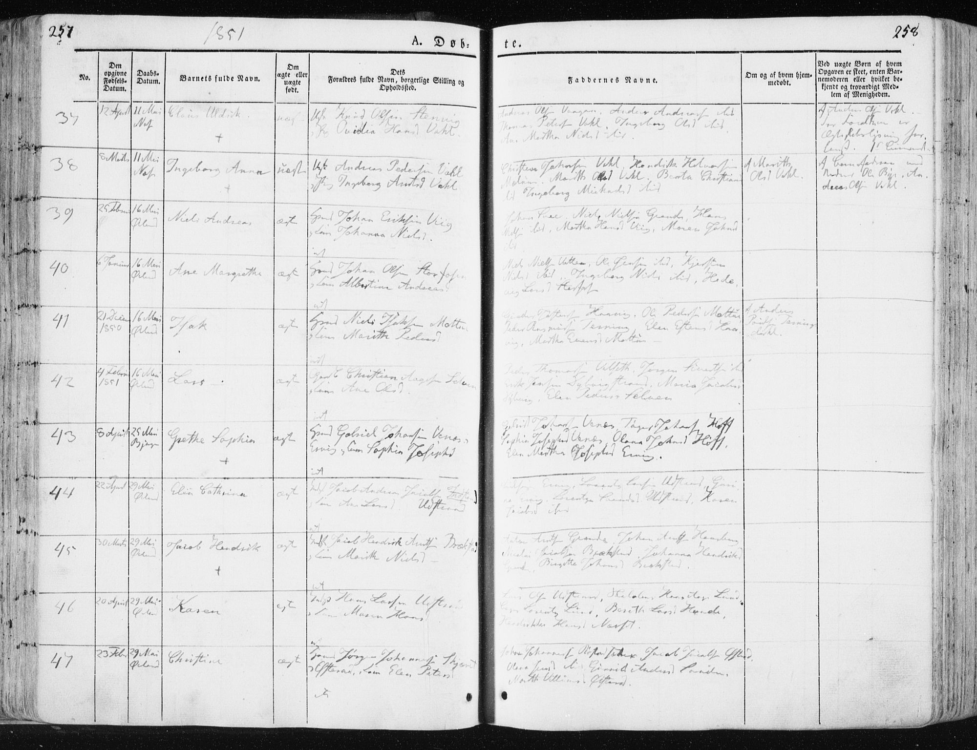 Ministerialprotokoller, klokkerbøker og fødselsregistre - Sør-Trøndelag, SAT/A-1456/659/L0736: Ministerialbok nr. 659A06, 1842-1856, s. 257-258