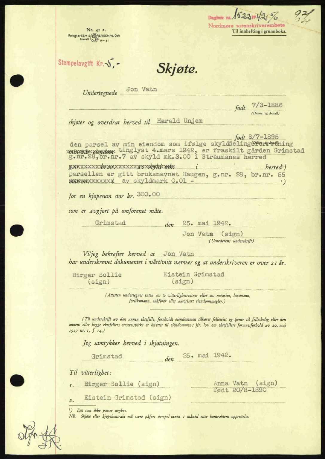 Nordmøre sorenskriveri, AV/SAT-A-4132/1/2/2Ca: Pantebok nr. A92, 1942-1942, Dagboknr: 1522/1942