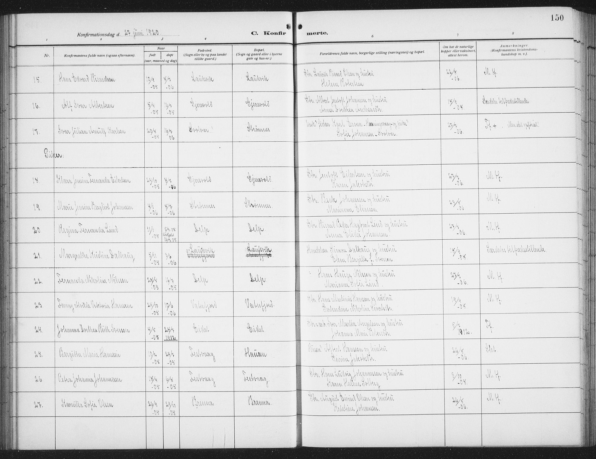 Ministerialprotokoller, klokkerbøker og fødselsregistre - Nordland, SAT/A-1459/876/L1106: Klokkerbok nr. 876C05, 1915-1942, s. 150