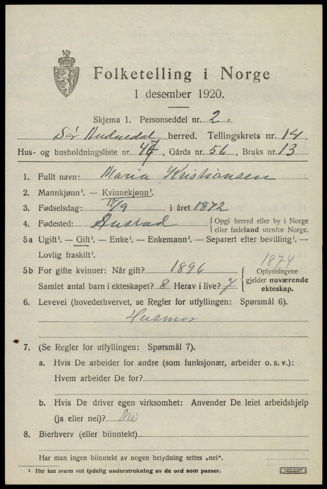 SAK, Folketelling 1920 for 1029 Sør-Audnedal herred, 1920, s. 5609