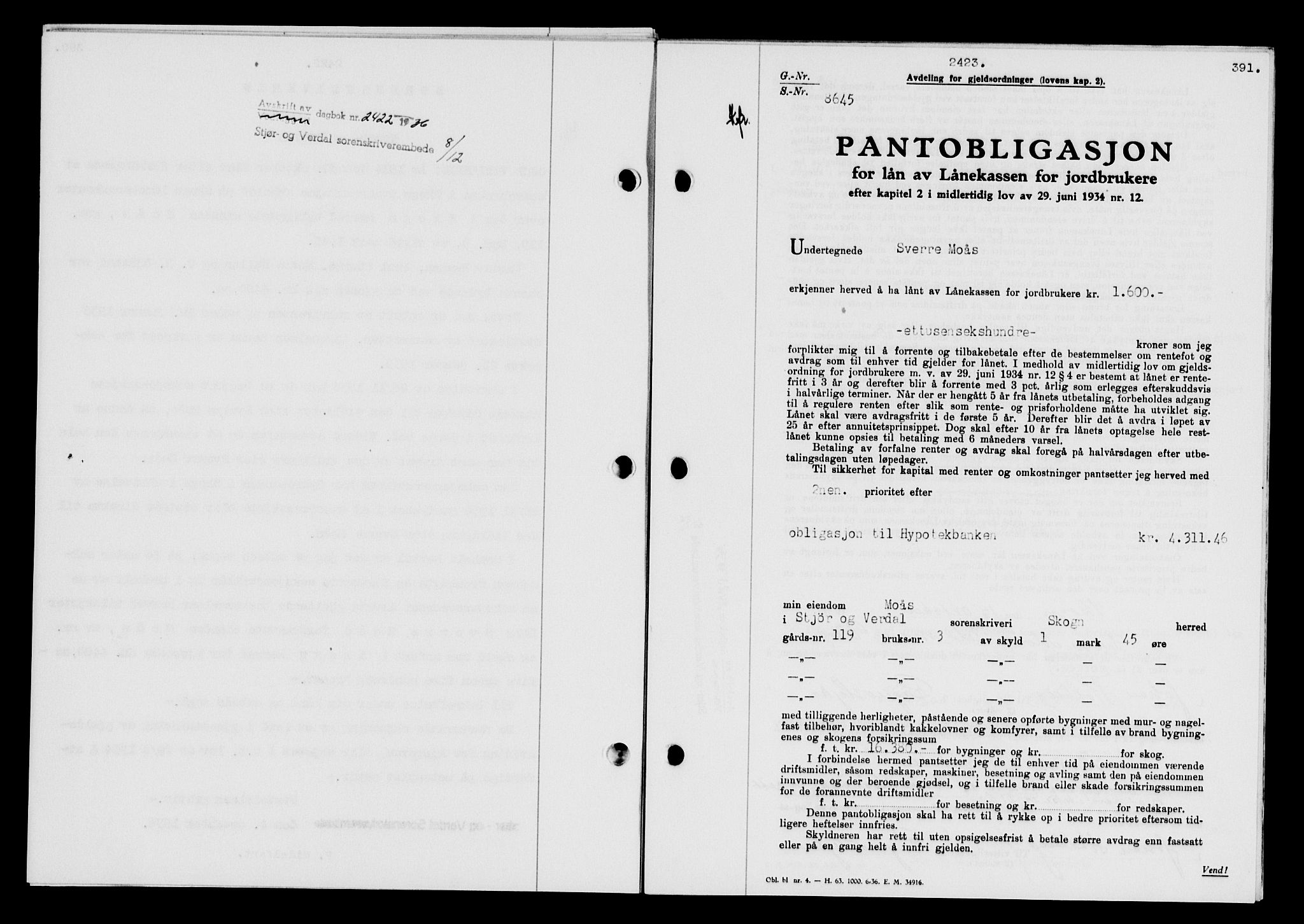 Stjør- og Verdal sorenskriveri, SAT/A-4167/1/2/2C/L0078: Pantebok nr. 46, 1936-1937, Dagboknr: 2423/1936