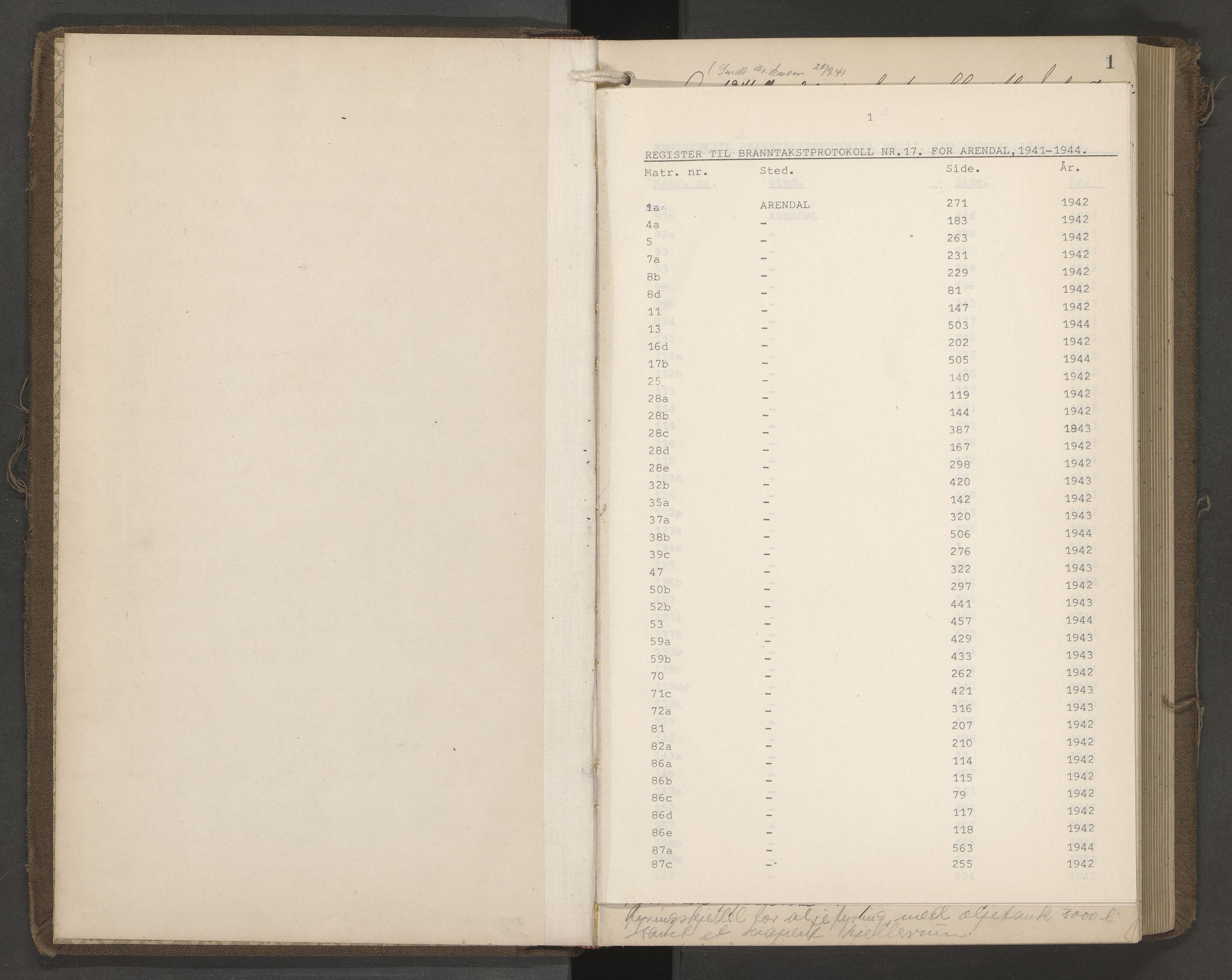 Norges Brannkasse Arendal, AV/SAK-2241-0002/F/Fa/L0034: Branntakstprotokoll nr. 32 med matrikkelnummerregister, 1941-1944