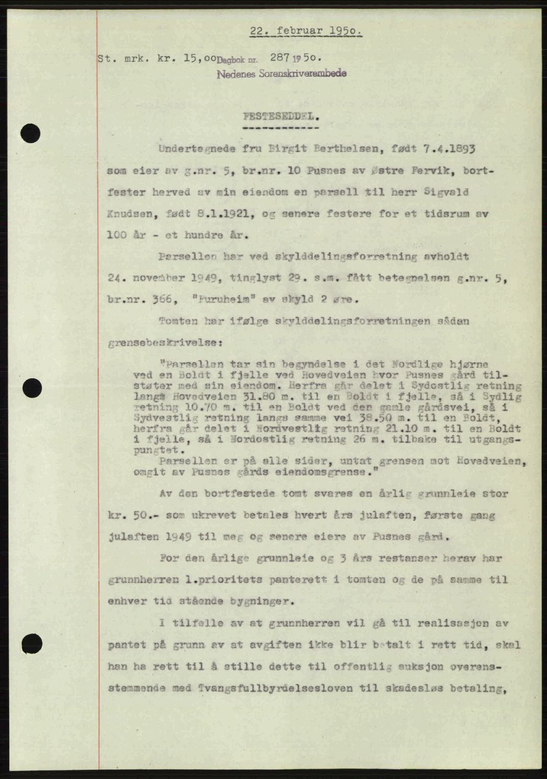 Nedenes sorenskriveri, AV/SAK-1221-0006/G/Gb/Gba/L0062: Pantebok nr. A14, 1949-1950, Dagboknr: 287/1950