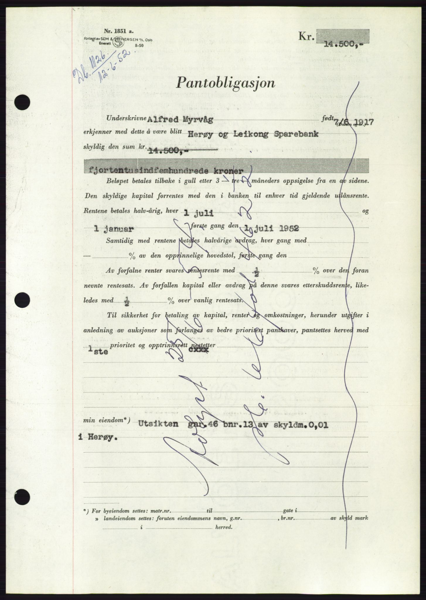 Søre Sunnmøre sorenskriveri, AV/SAT-A-4122/1/2/2C/L0121: Pantebok nr. 9B, 1951-1952, Dagboknr: 1126/1952