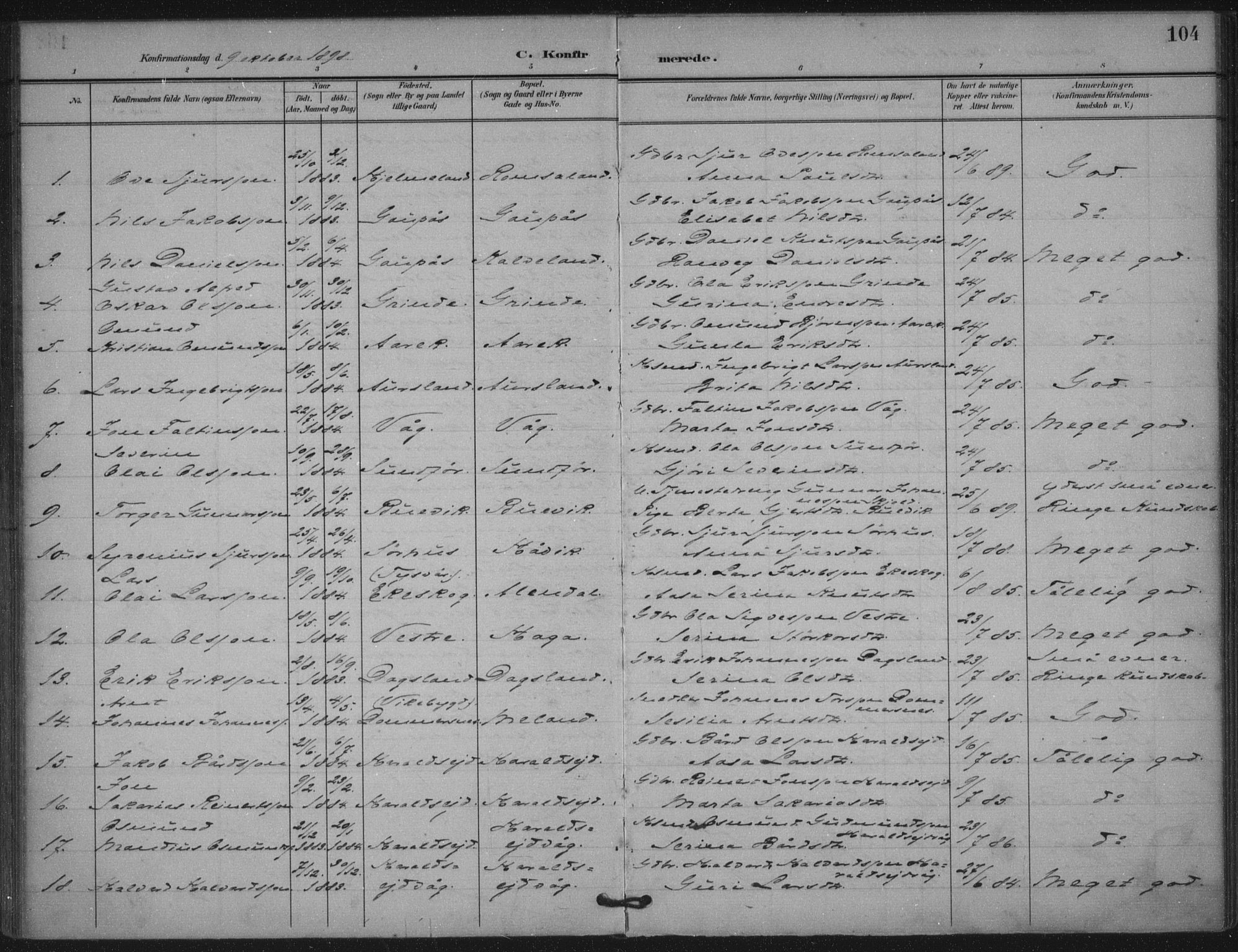 Skjold sokneprestkontor, AV/SAST-A-101847/H/Ha/Haa/L0011: Ministerialbok nr. A 11, 1897-1914, s. 104