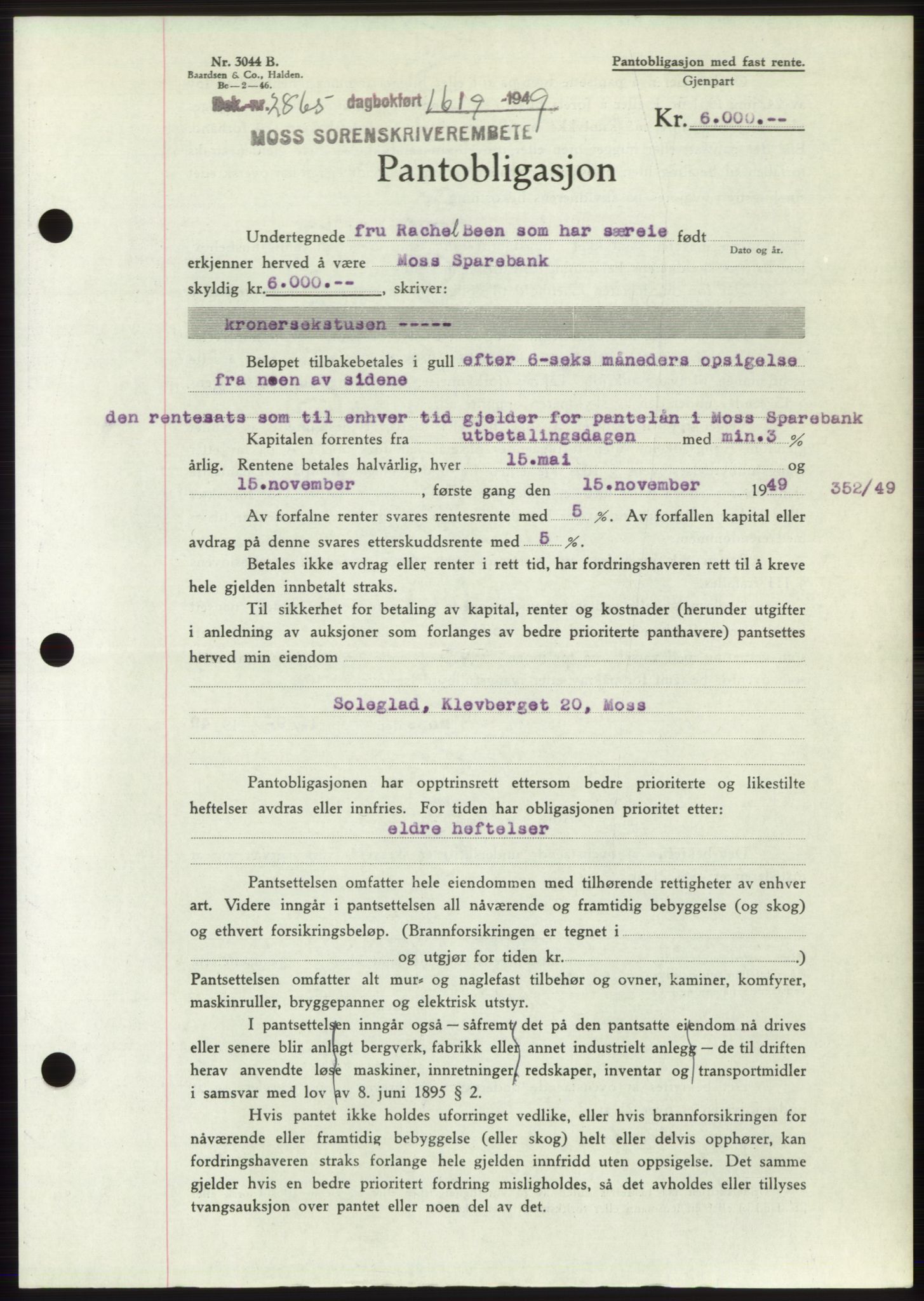 Moss sorenskriveri, SAO/A-10168: Pantebok nr. B22, 1949-1949, Dagboknr: 2865/1949