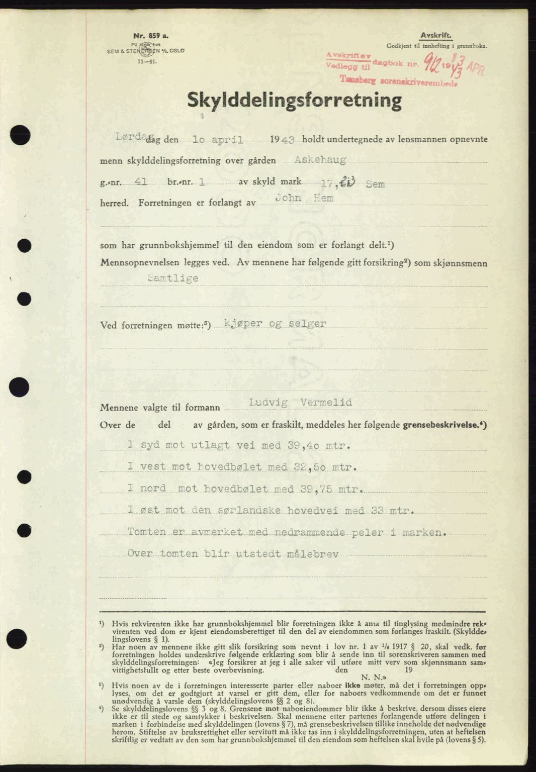 Jarlsberg sorenskriveri, SAKO/A-131/G/Ga/Gaa/L0013: Pantebok nr. A-13, 1942-1943, Dagboknr: 912/1943