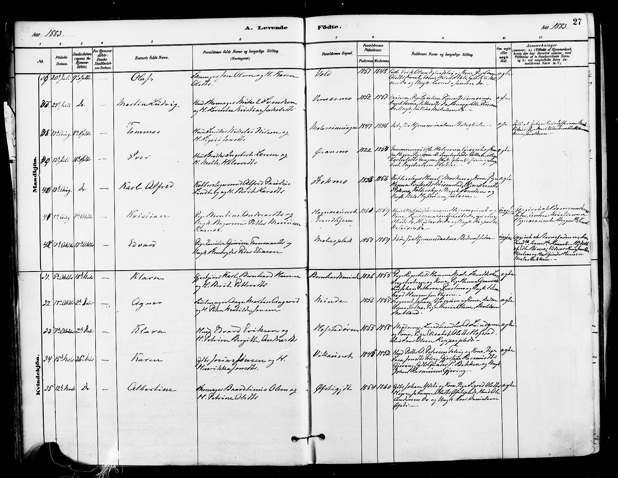 Ministerialprotokoller, klokkerbøker og fødselsregistre - Nord-Trøndelag, AV/SAT-A-1458/709/L0077: Ministerialbok nr. 709A17, 1880-1895, s. 27