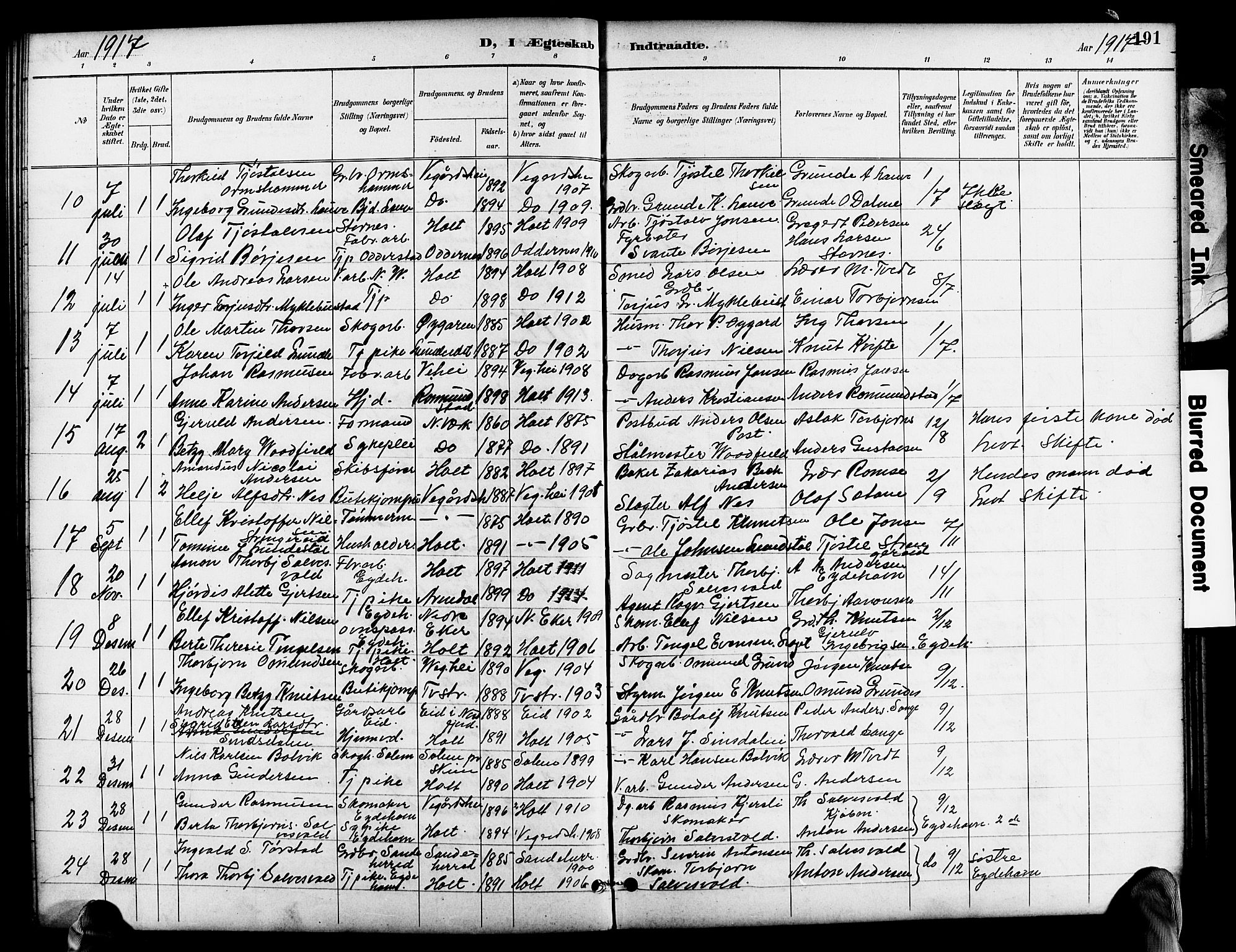 Holt sokneprestkontor, AV/SAK-1111-0021/F/Fb/L0011: Klokkerbok nr. B 11, 1897-1921, s. 191