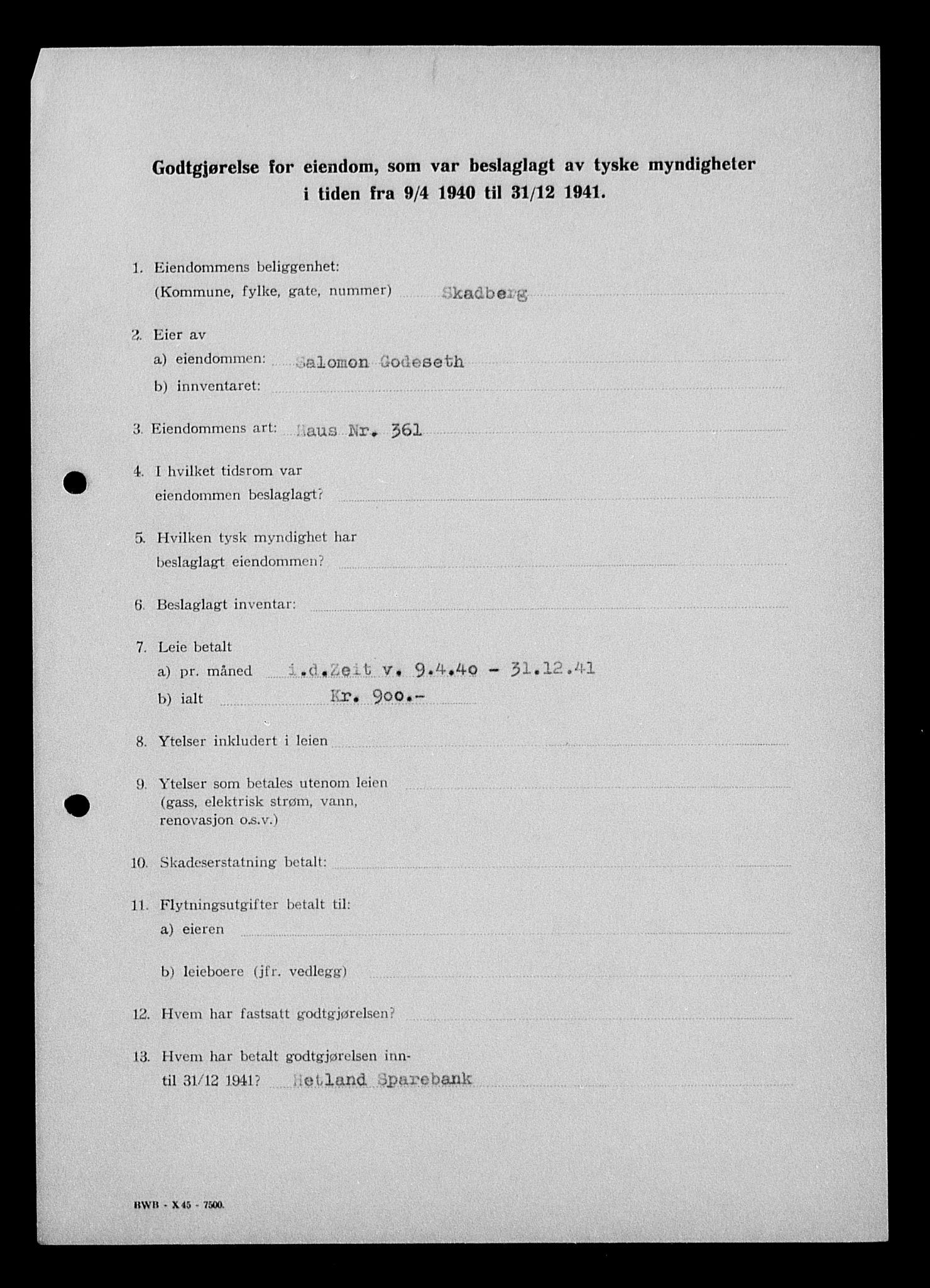 Justisdepartementet, Tilbakeføringskontoret for inndratte formuer, AV/RA-S-1564/I/L1014: Godtgjørelse for beslaglagt eiendom, 1940-1941, s. 289