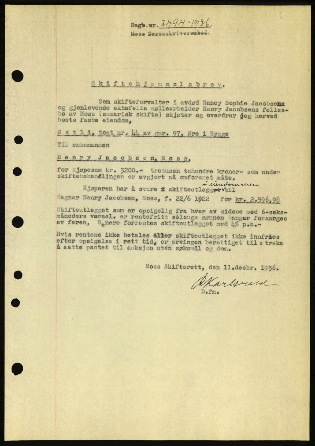 Moss sorenskriveri, SAO/A-10168: Pantebok nr. A2, 1936-1937, Dagboknr: 2494/1936