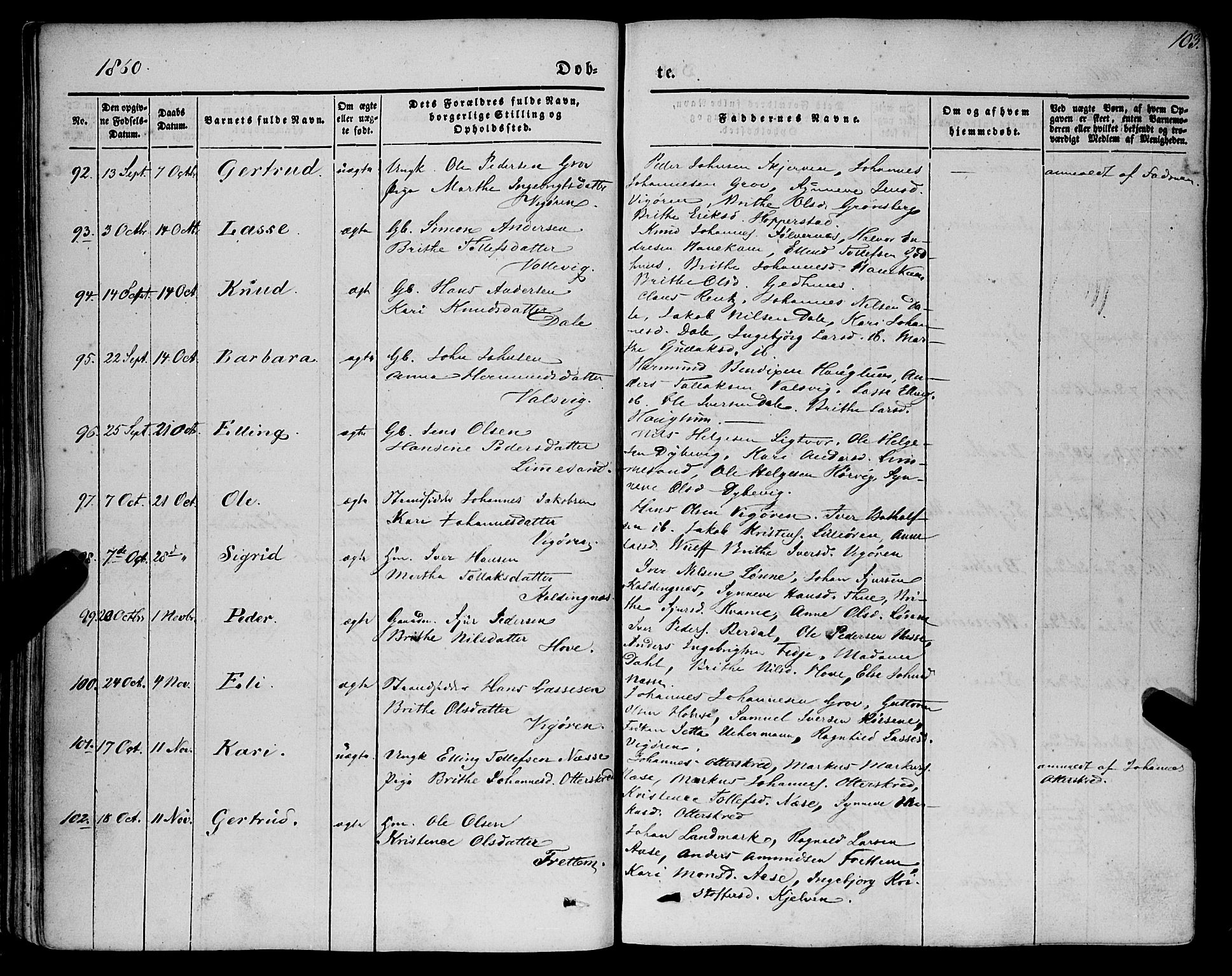 Vik sokneprestembete, AV/SAB-A-81501/H/Haa/Haaa/L0008: Ministerialbok nr. A 8, 1846-1865, s. 103