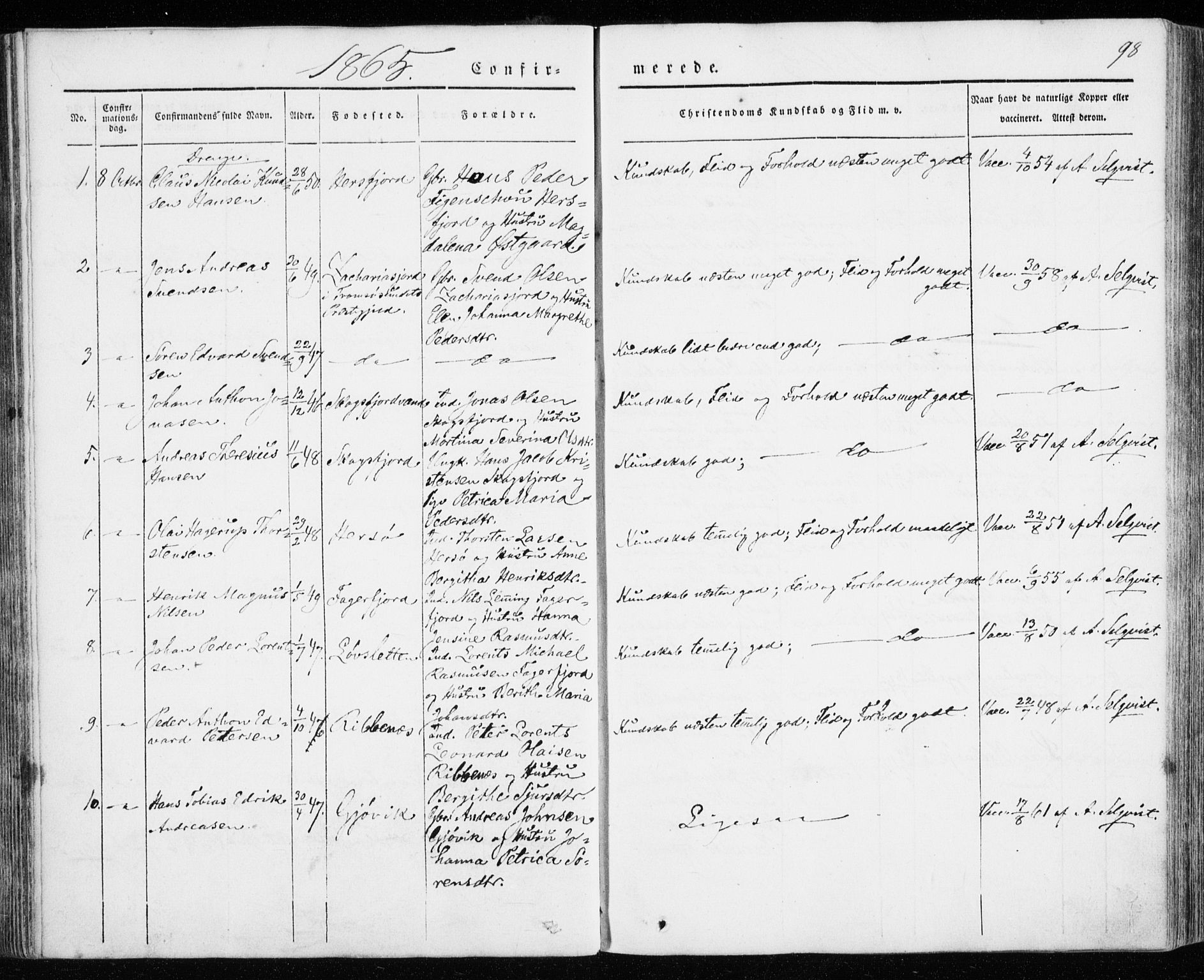 Karlsøy sokneprestembete, AV/SATØ-S-1299/H/Ha/Haa/L0009kirke: Ministerialbok nr. 9, 1838-1867, s. 98