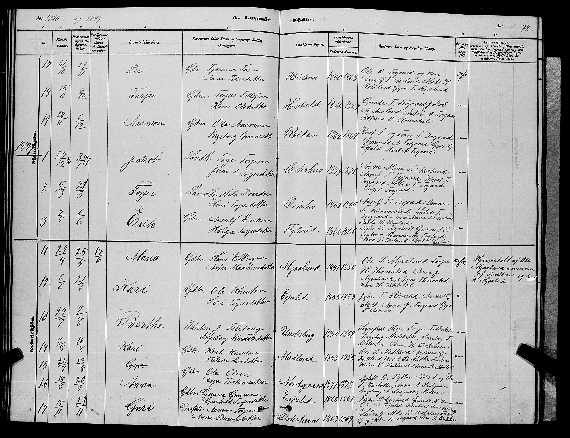 Åseral sokneprestkontor, AV/SAK-1111-0051/F/Fb/L0002: Klokkerbok nr. B 2, 1878-1899, s. 78