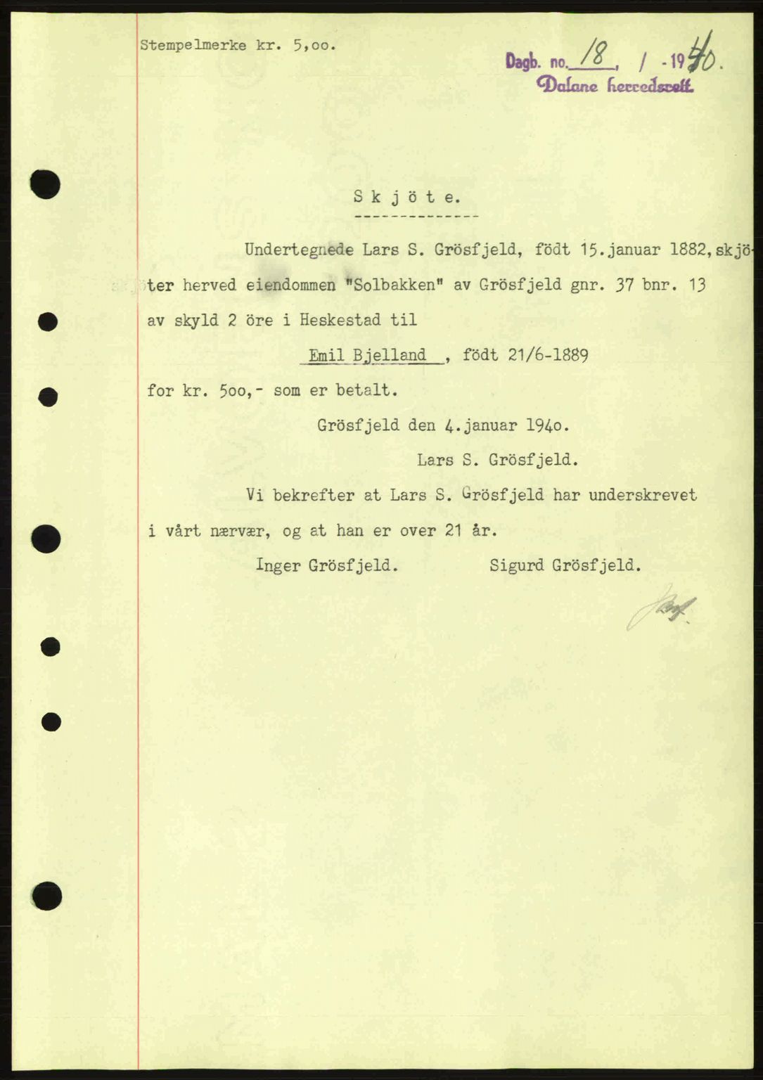 Dalane sorenskriveri, SAST/A-100309/02/G/Gb/L0044: Pantebok nr. A5, 1940-1941, Dagboknr: 18/1940