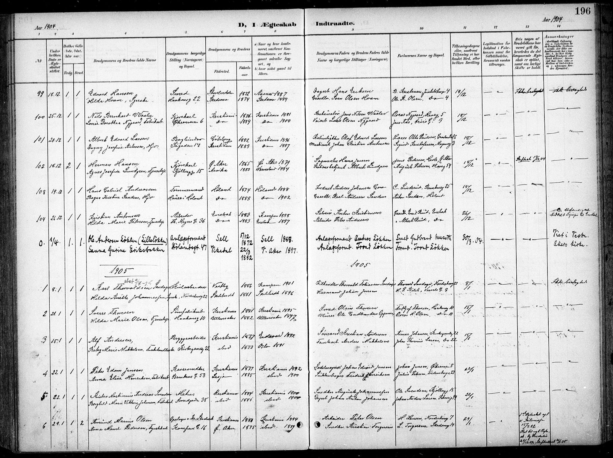 Kampen prestekontor Kirkebøker, AV/SAO-A-10853/F/Fa/L0009: Ministerialbok nr. I 9, 1899-1911, s. 196