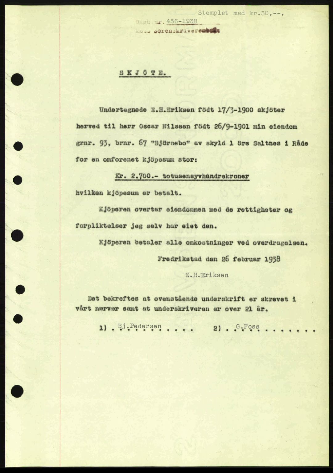 Moss sorenskriveri, SAO/A-10168: Pantebok nr. A4, 1938-1938, Dagboknr: 456/1938