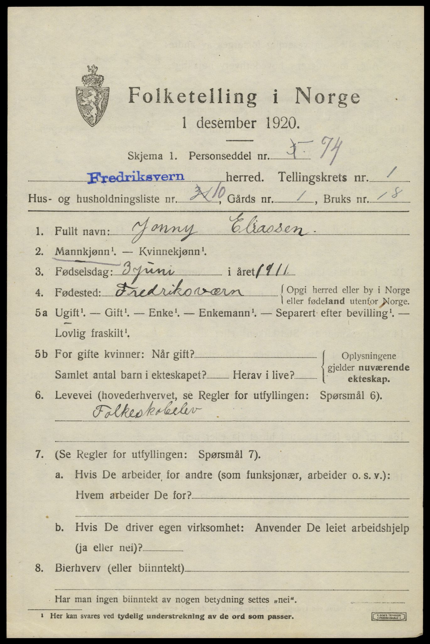SAKO, Folketelling 1920 for 0798 Fredriksvern herred, 1920, s. 597
