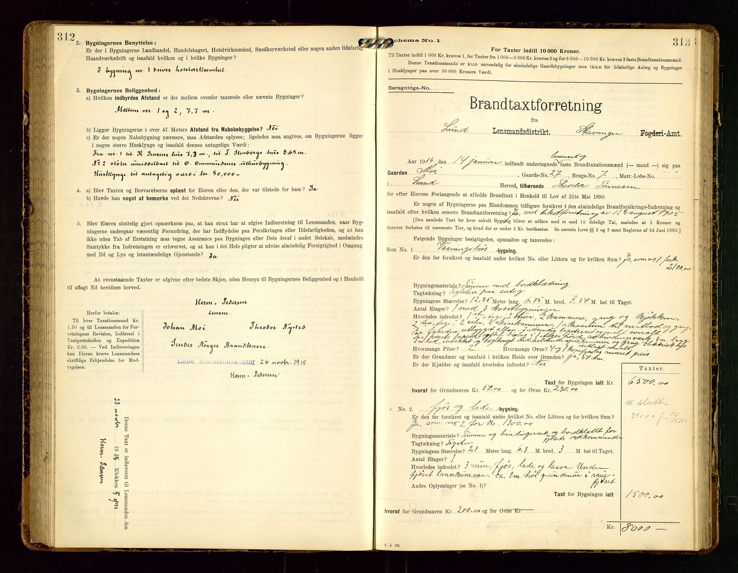 Lund lensmannskontor, AV/SAST-A-100303/Gob/L0002: "Brandtakstprotokol", 1908-1918, s. 312-313