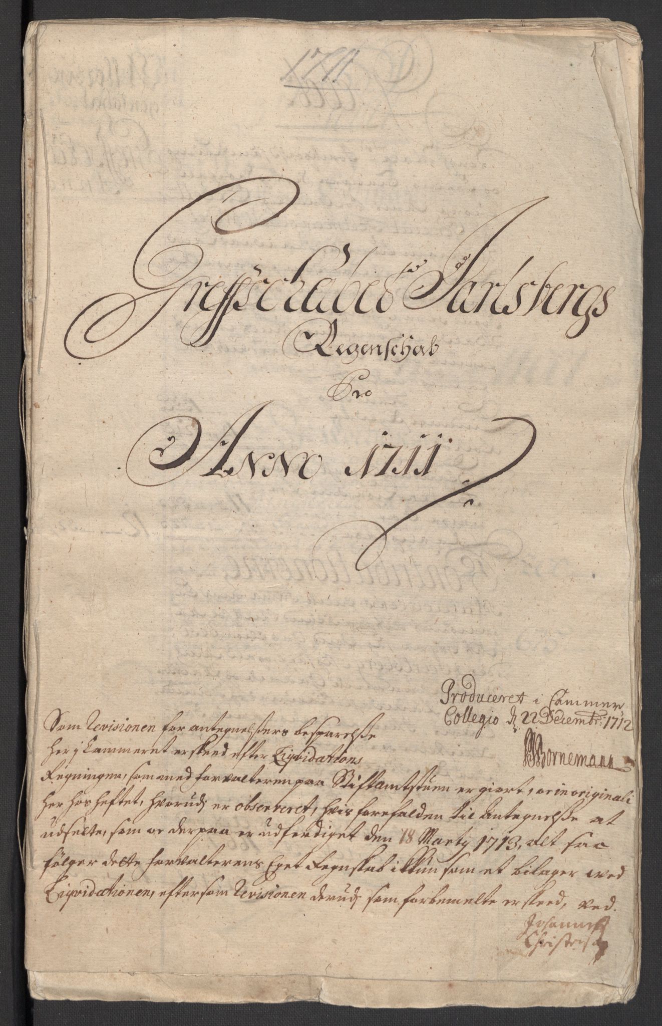 Rentekammeret inntil 1814, Reviderte regnskaper, Fogderegnskap, RA/EA-4092/R32/L1876: Fogderegnskap Jarlsberg grevskap, 1711, s. 3