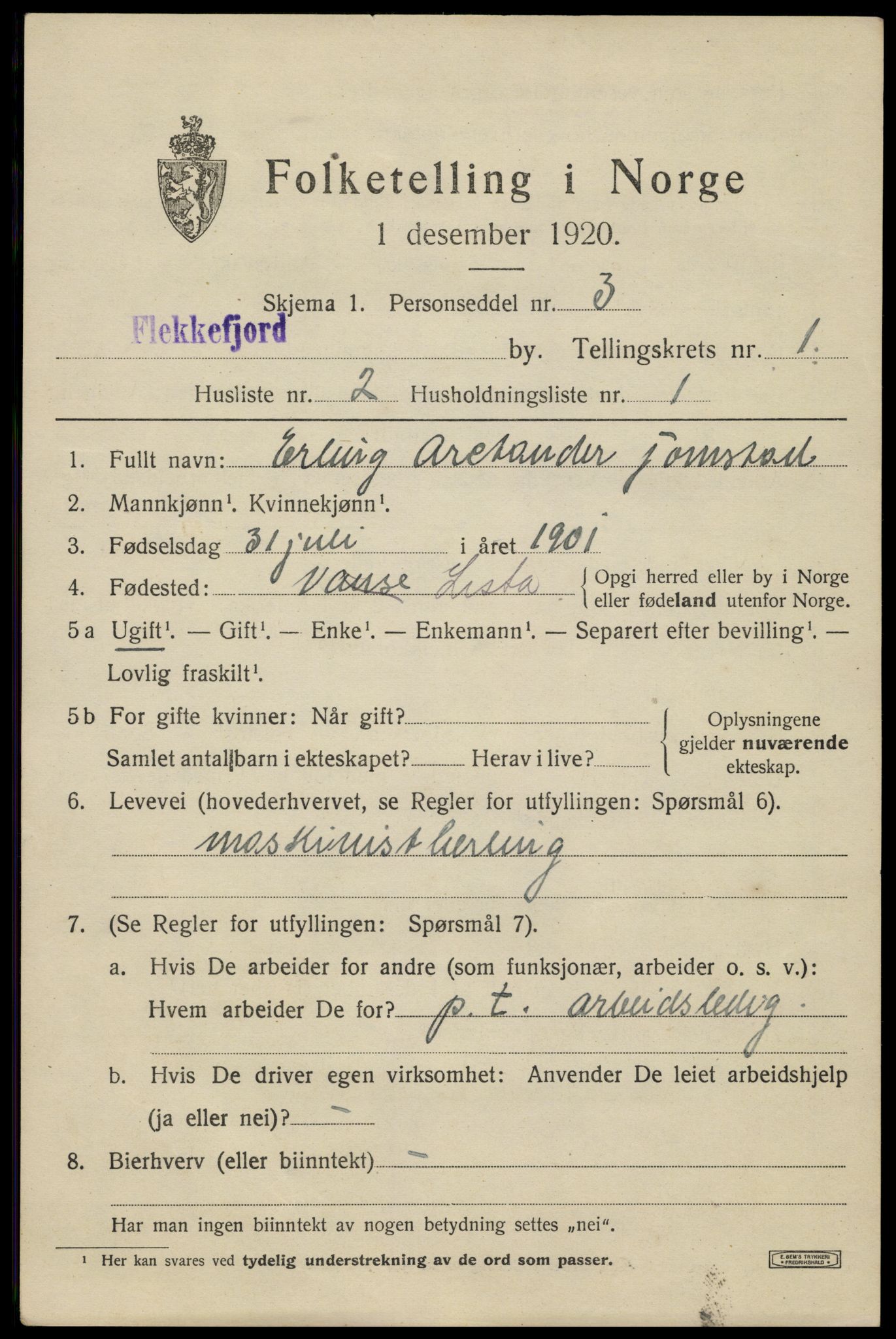 SAK, Folketelling 1920 for 1004 Flekkefjord kjøpstad, 1920, s. 1914
