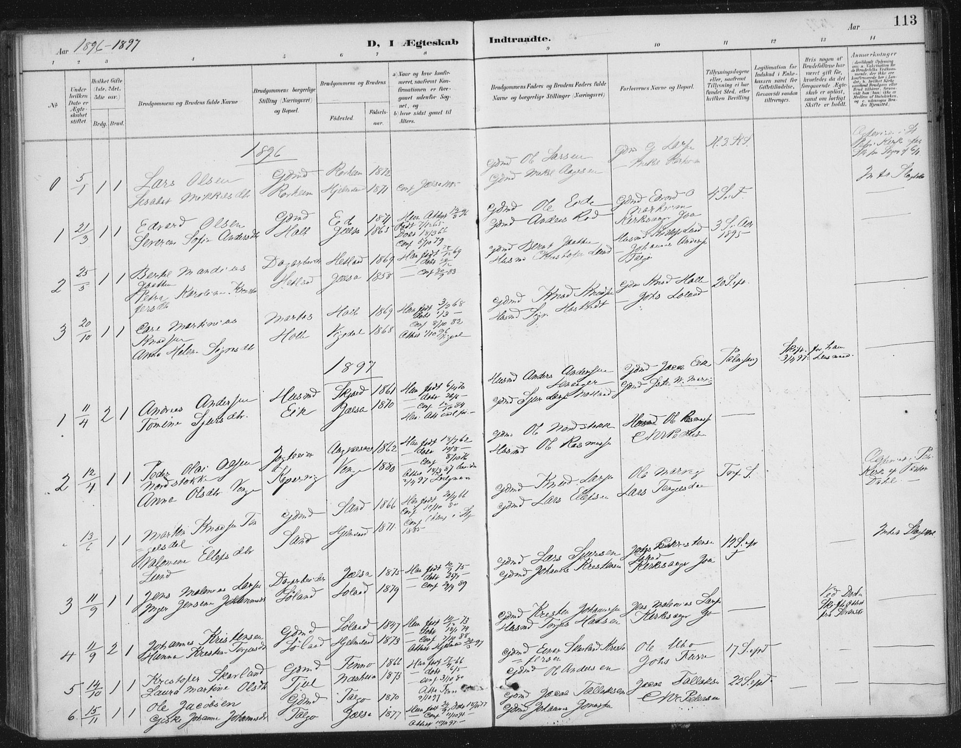 Nedstrand sokneprestkontor, SAST/A-101841/01/IV: Ministerialbok nr. A 13, 1887-1915, s. 113