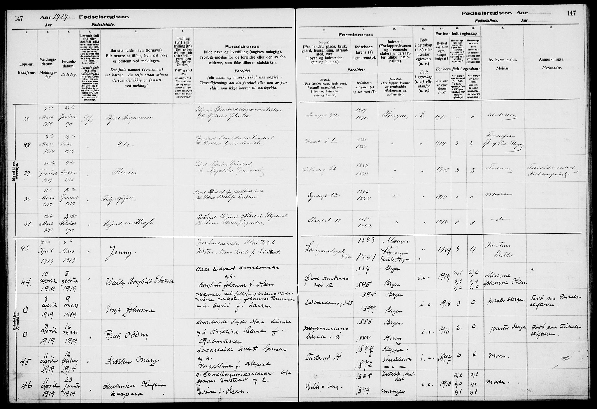 Sandviken Sokneprestembete, AV/SAB-A-77601/I/Ib/L00A1: Fødselsregister nr. A 1, 1915-1920, s. 147