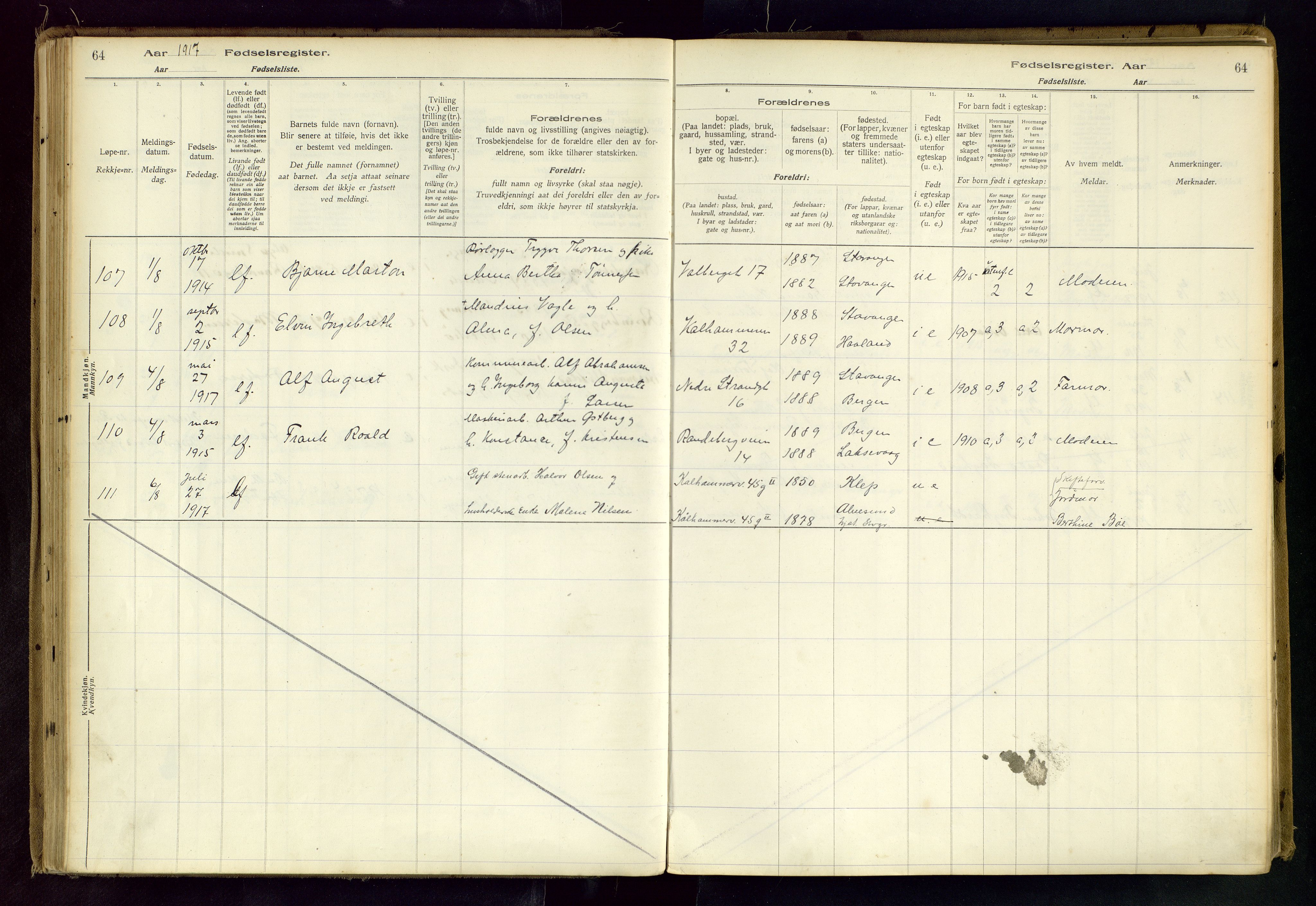 Domkirken sokneprestkontor, SAST/A-101812/002/B/L0001: Fødselsregister nr. 1, 1916-1920, s. 64