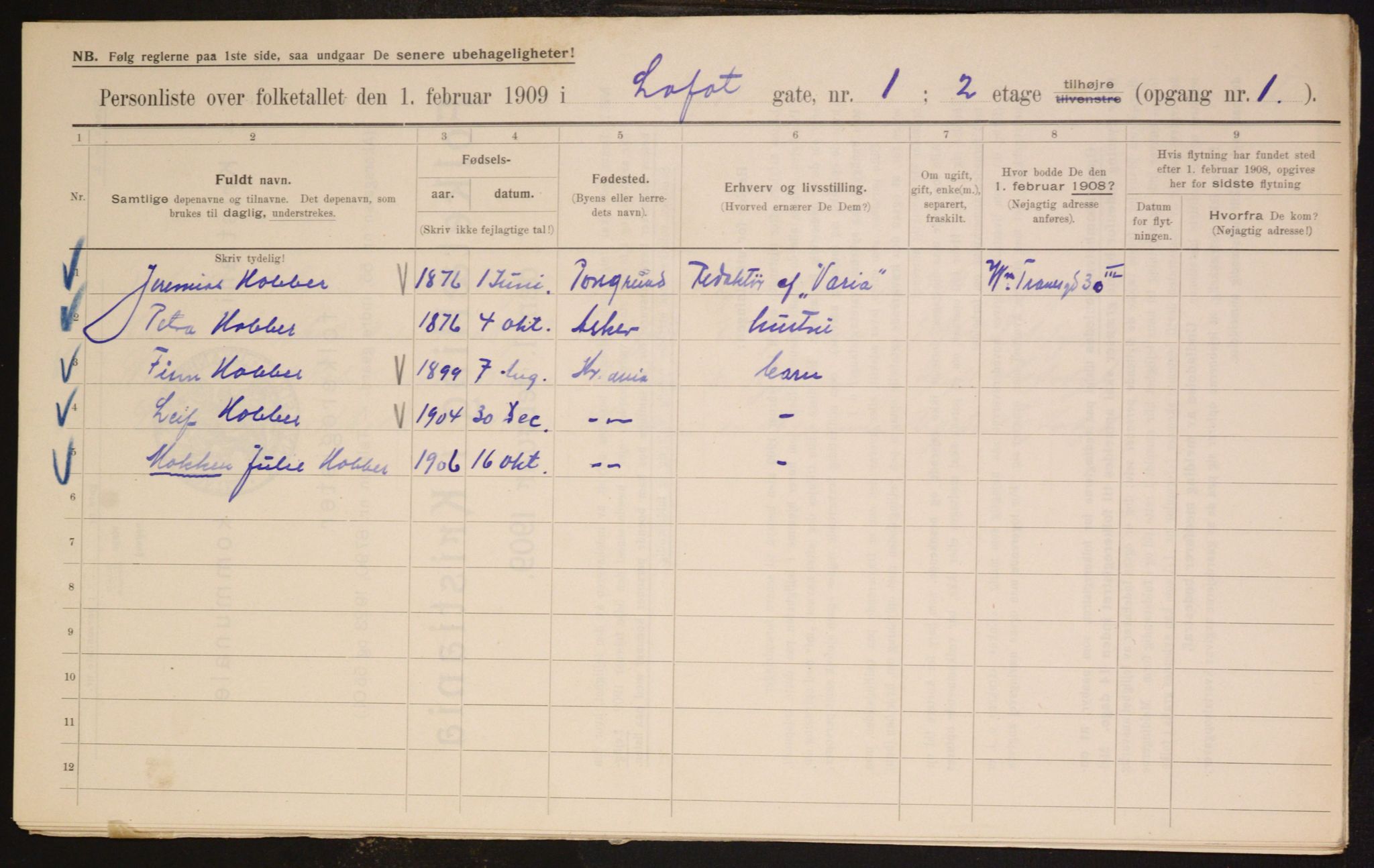 OBA, Kommunal folketelling 1.2.1909 for Kristiania kjøpstad, 1909, s. 53071