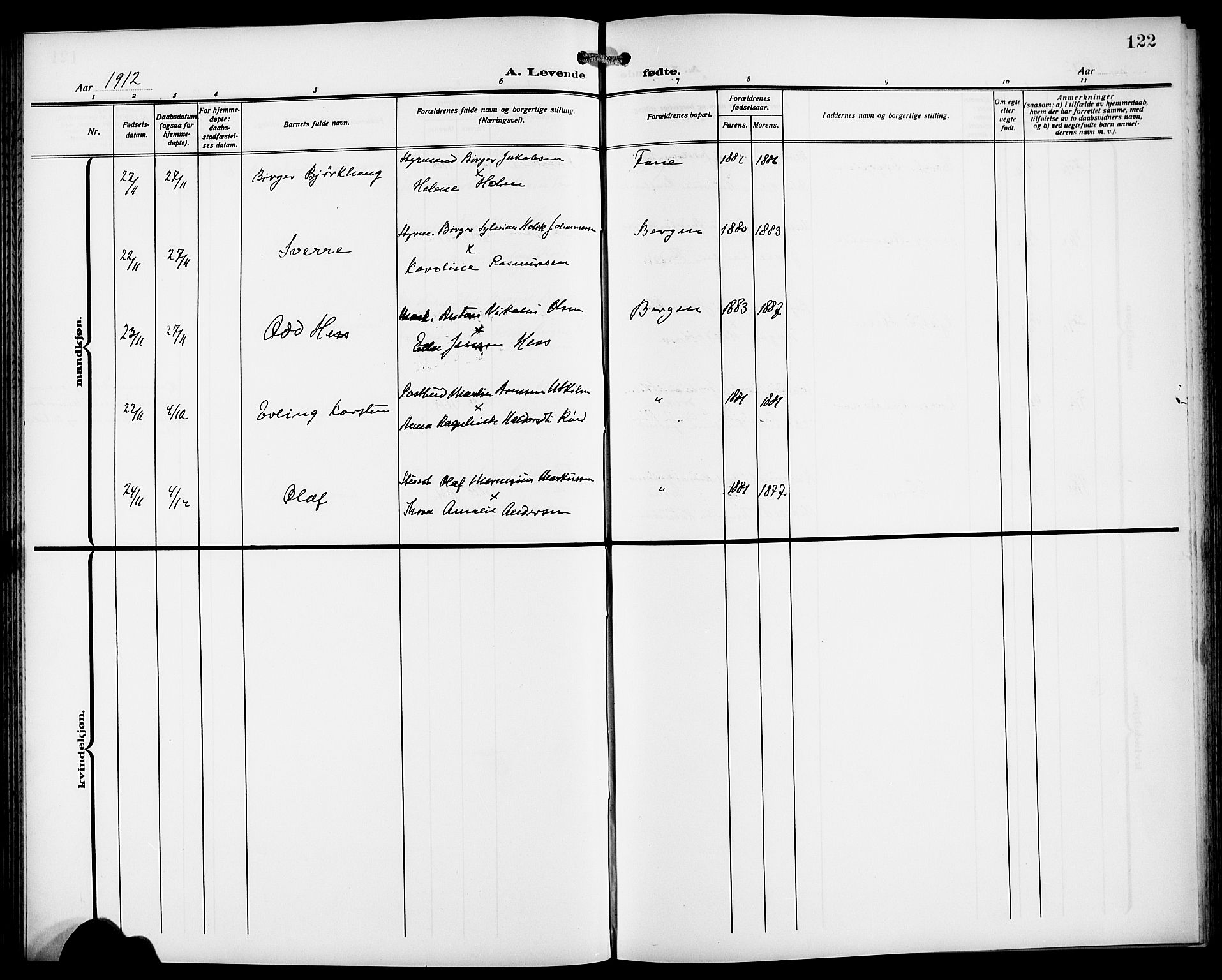 Fødselsstiftelsens sokneprestembete*, SAB/-: Klokkerbok nr. A 2, 1909-1916, s. 122