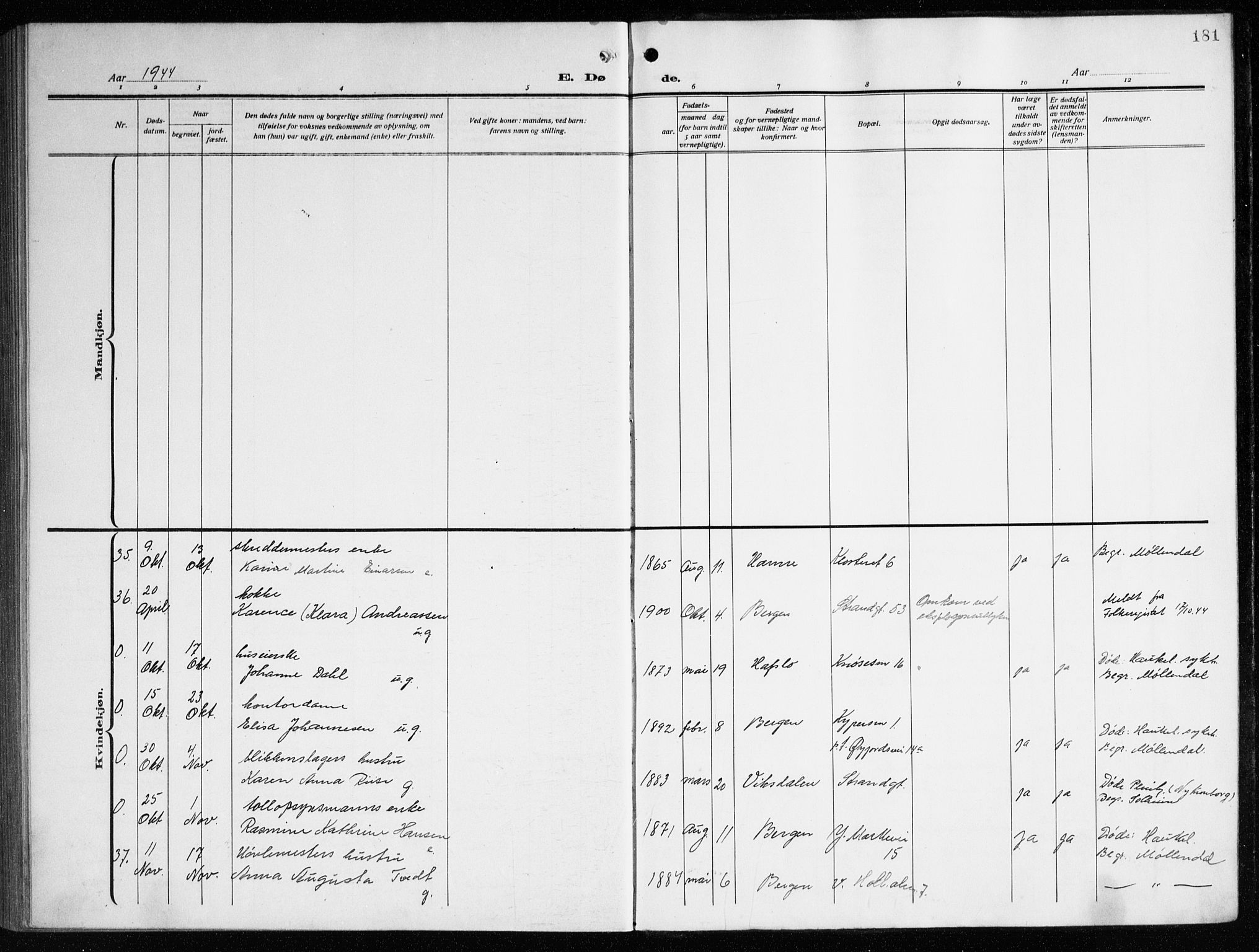 Nykirken Sokneprestembete, AV/SAB-A-77101/H/Haa/L0046: Ministerialbok nr. E 6, 1918-1944, s. 181