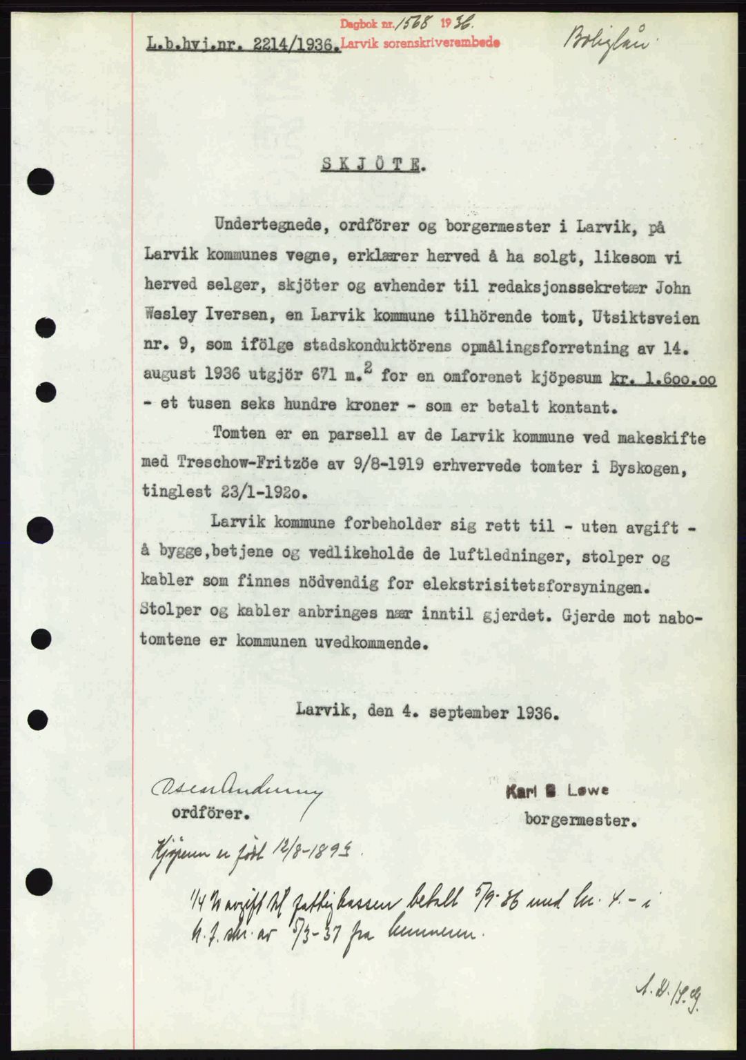 Larvik sorenskriveri, SAKO/A-83/G/Ga/Gab/L0067: Pantebok nr. A-1, 1936-1937, Dagboknr: 1568/1936