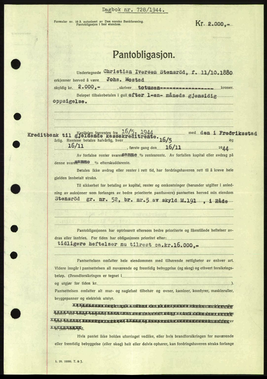 Moss sorenskriveri, SAO/A-10168: Pantebok nr. B13, 1943-1945, Dagboknr: 728/1944