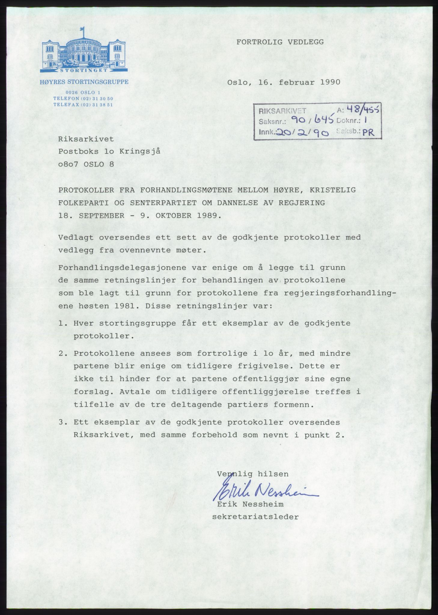 Forhandlingsmøtene 1989 mellom Høyre, KrF og Senterpartiet om dannelse av regjering, AV/RA-PA-0697/A/L0001: Forhandlingsprotokoll med vedlegg, 1989, s. 2