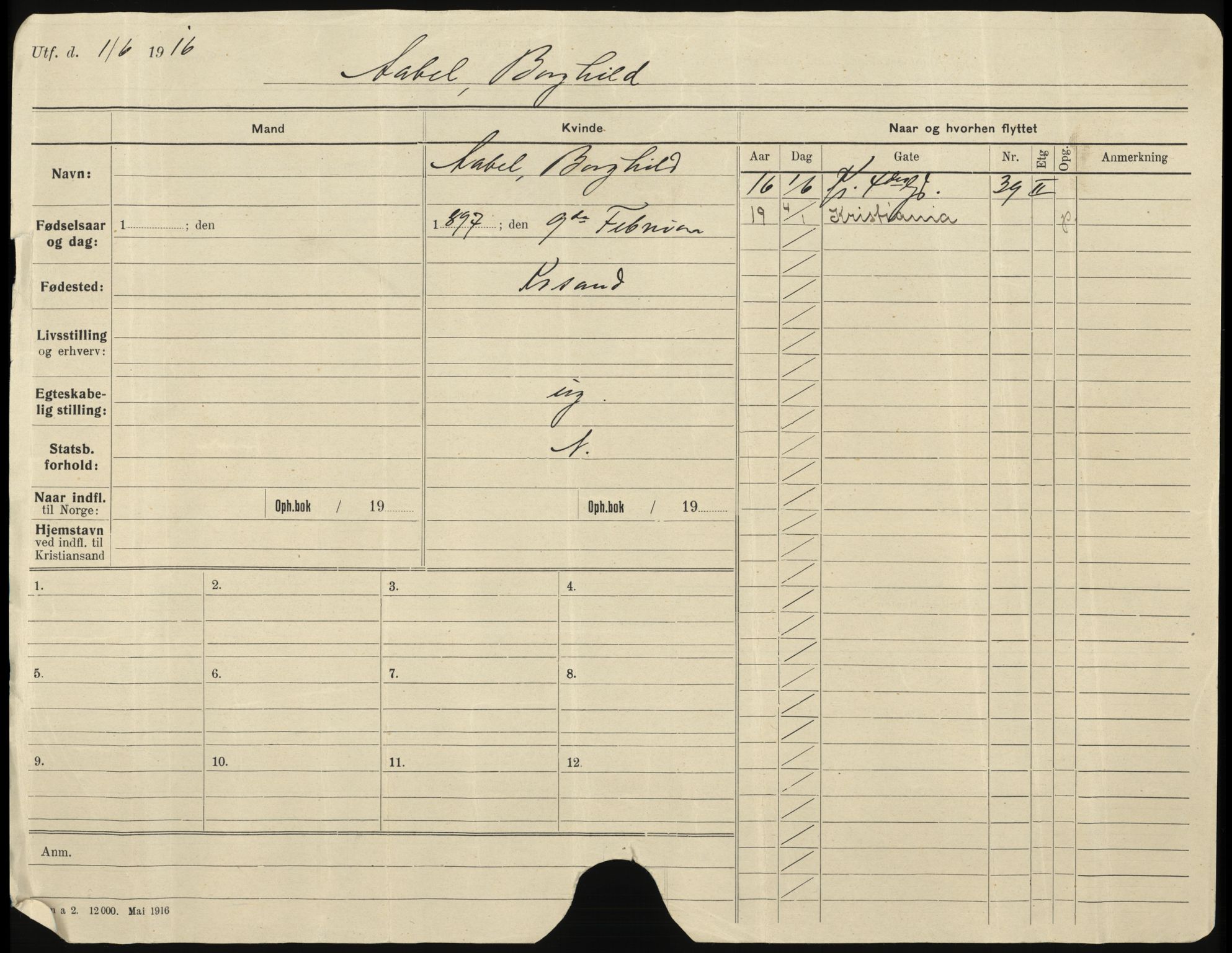 Kristiansand folkeregister, AV/SAK-1341-0030/H/L0003: Utflyttet, A-Å, 1919
