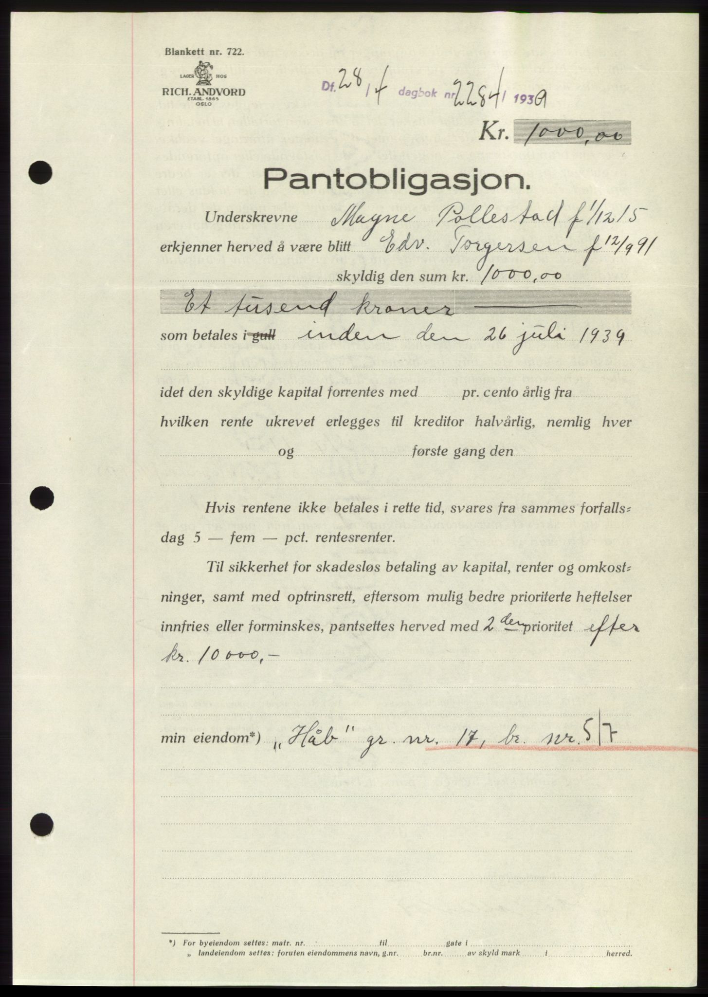 Jæren sorenskriveri, SAST/A-100310/03/G/Gba/L0074: Pantebok, 1939-1939, Dagboknr: 2284/1939