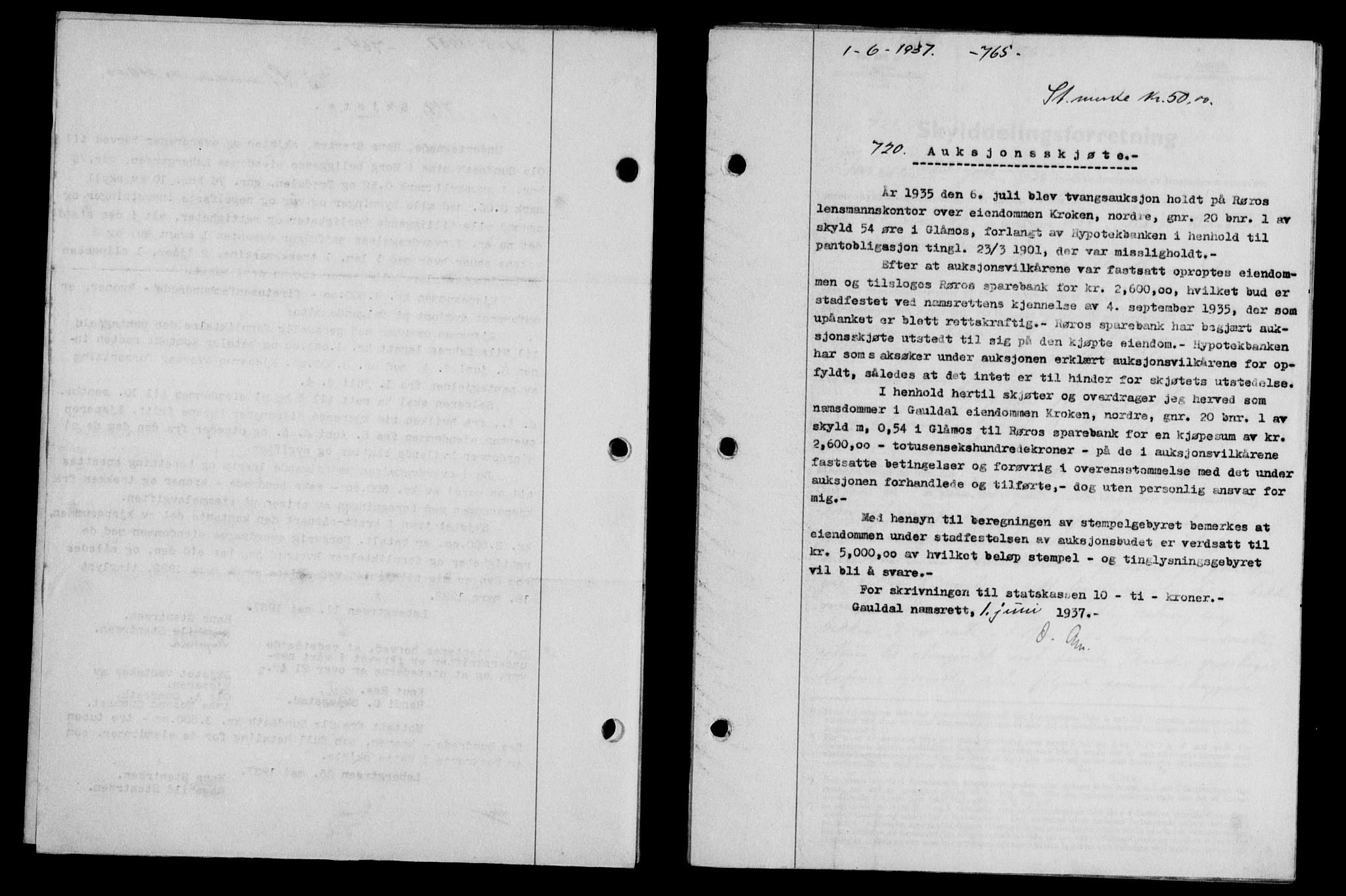 Gauldal sorenskriveri, SAT/A-0014/1/2/2C/L0047: Pantebok nr. 50-51, 1937-1937, Dagboknr: 720/1937