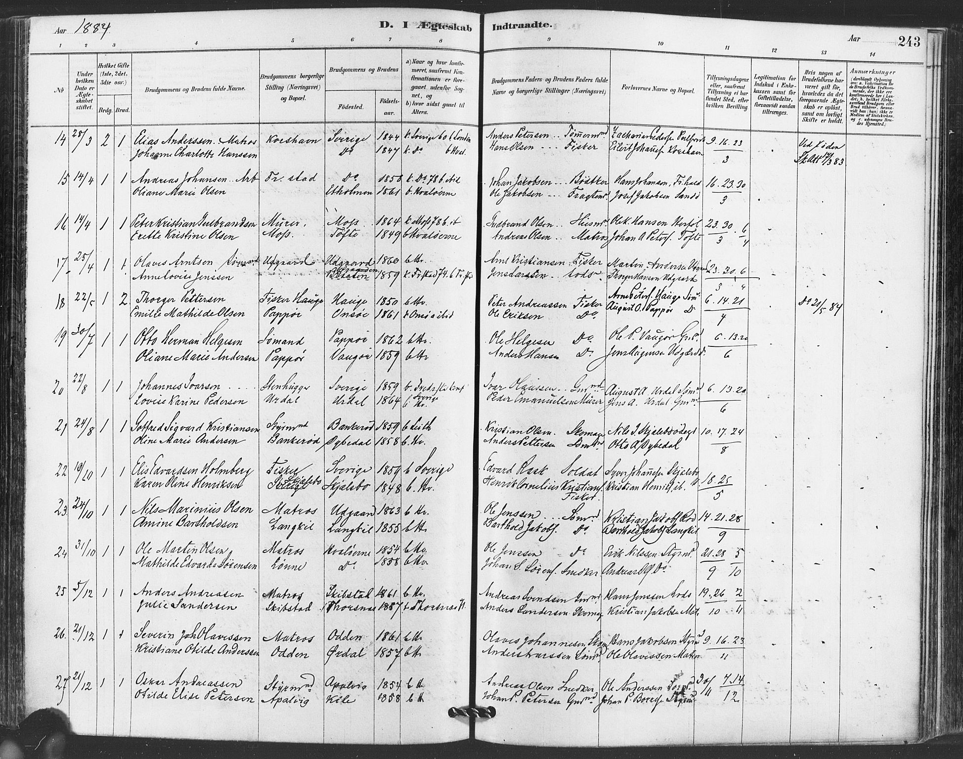 Hvaler prestekontor Kirkebøker, AV/SAO-A-2001/F/Fa/L0008: Ministerialbok nr. I 8, 1878-1895, s. 243