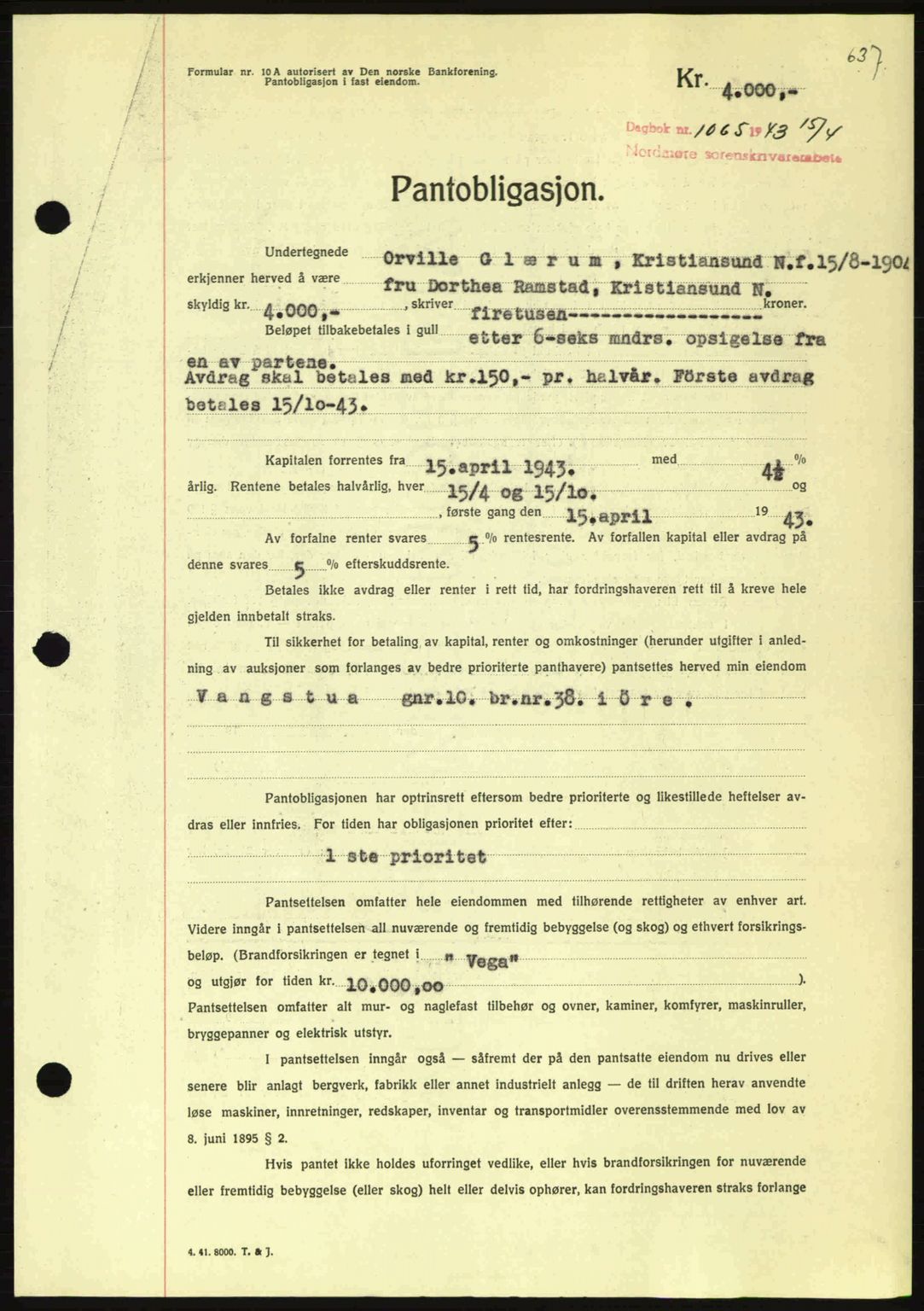 Nordmøre sorenskriveri, AV/SAT-A-4132/1/2/2Ca: Pantebok nr. B90, 1942-1943, Dagboknr: 1065/1943